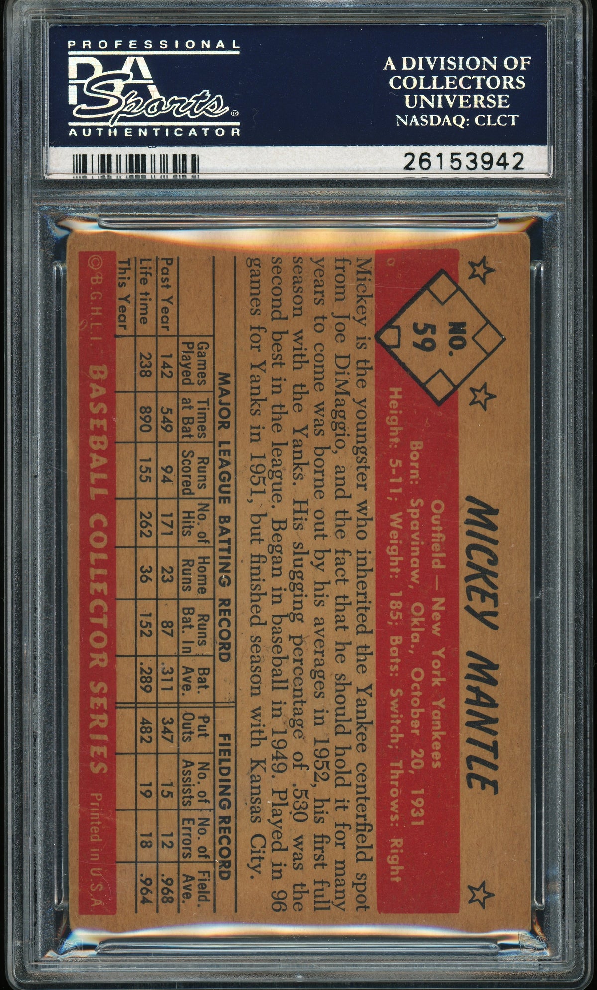 1953 Bowman Color #59 Mickey Mantle PSA 2 GD