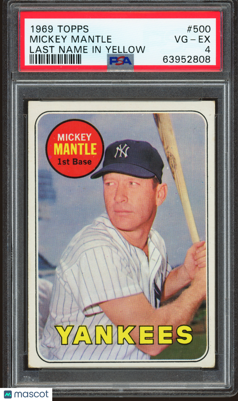 1969 Topps #500 Mickey Mantle Last Name In Yellow PSA 4 VG-EX New Label