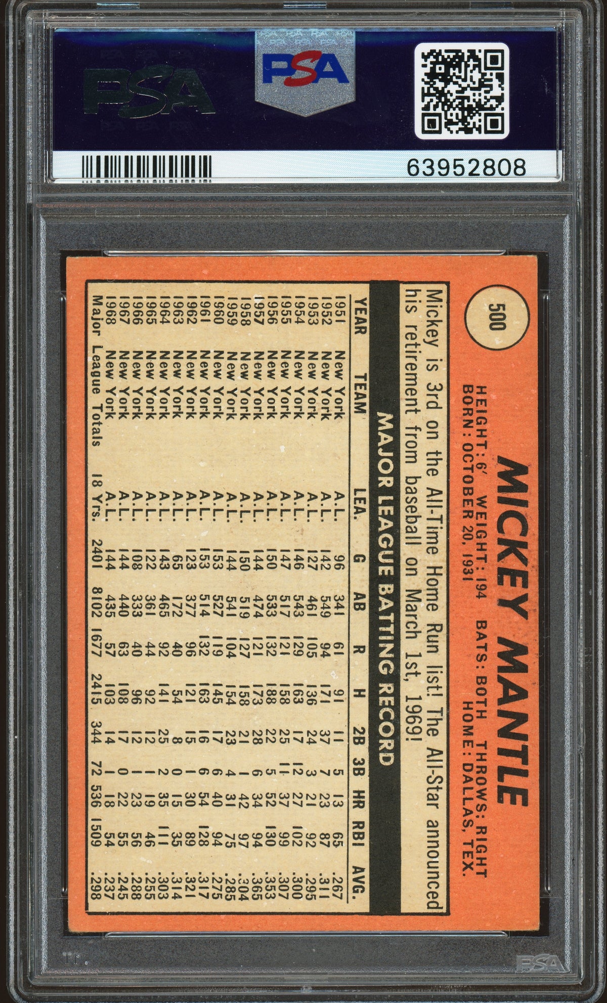 1969 Topps #500 Mickey Mantle Last Name In Yellow PSA 4 VG-EX New Label