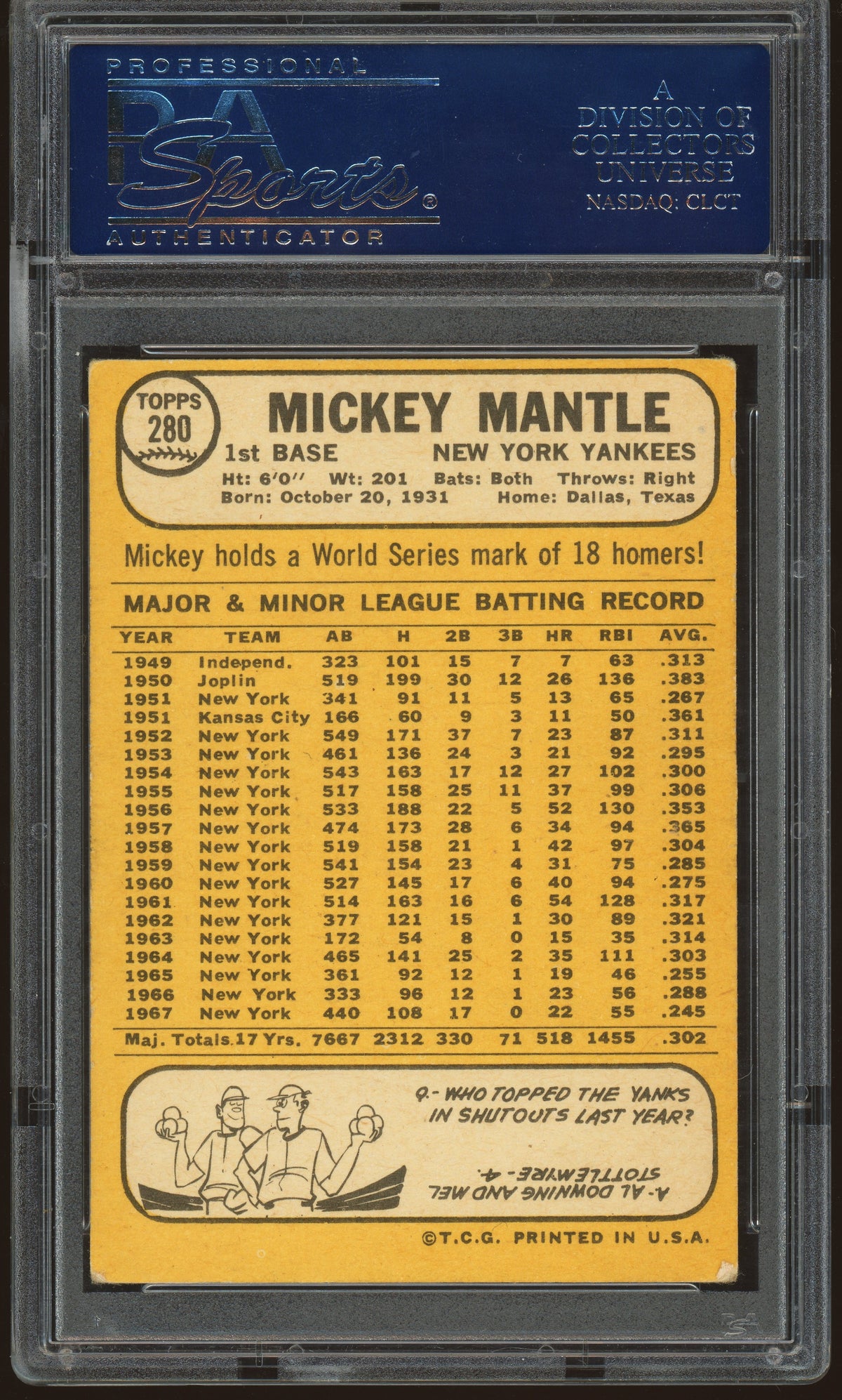1968 Topps #280 Mickey Mantle PSA 4