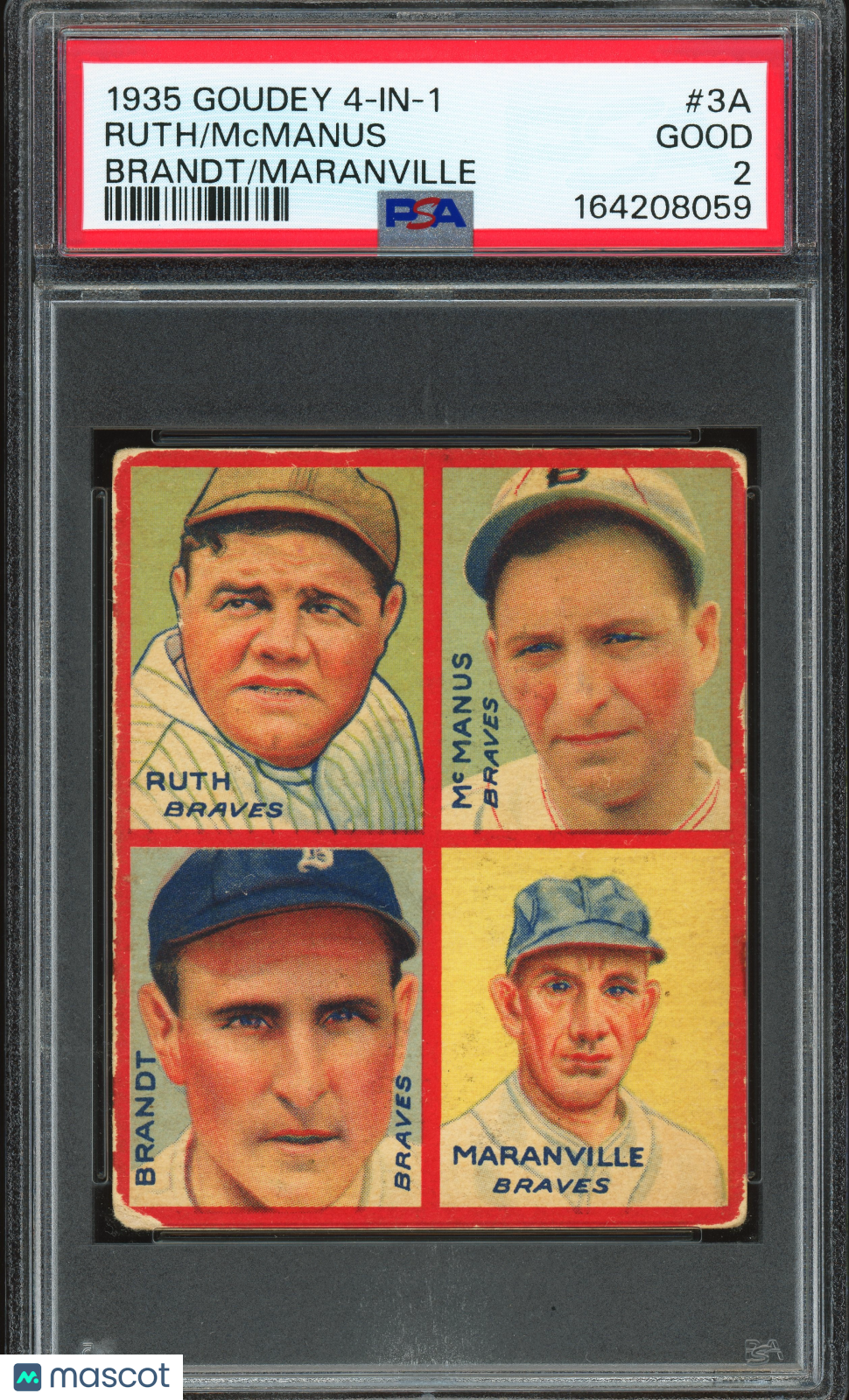 1935 Goudey 4-In-1 #3A Babe Ruth Maranville PSA 2 GD Well Centered New Label