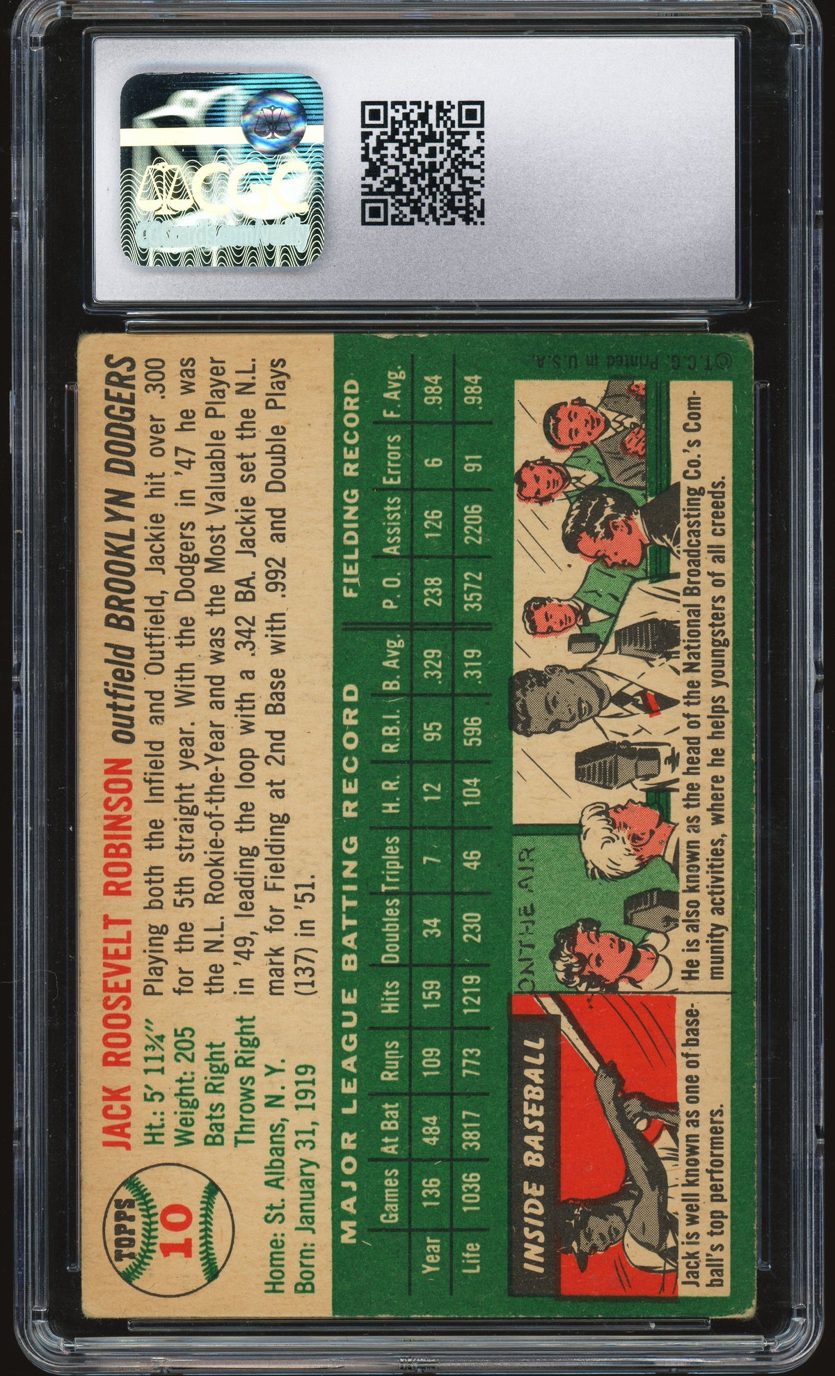1954 Topps #10 Jackie Robinson CGC 4.5 VG-EX+ Nice Color