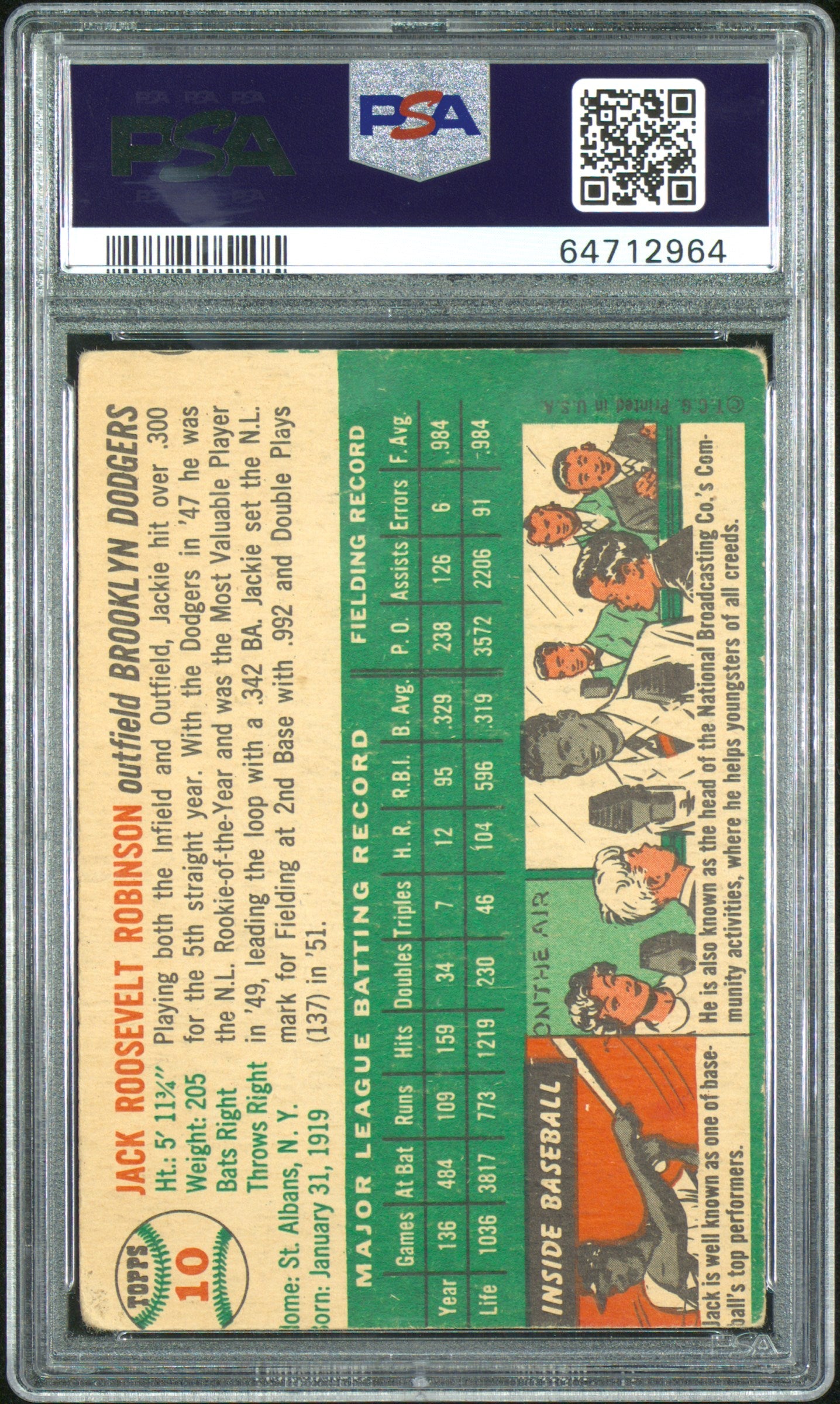 1954 Topps #10 Jackie Robinson PSA 2 mc New Label