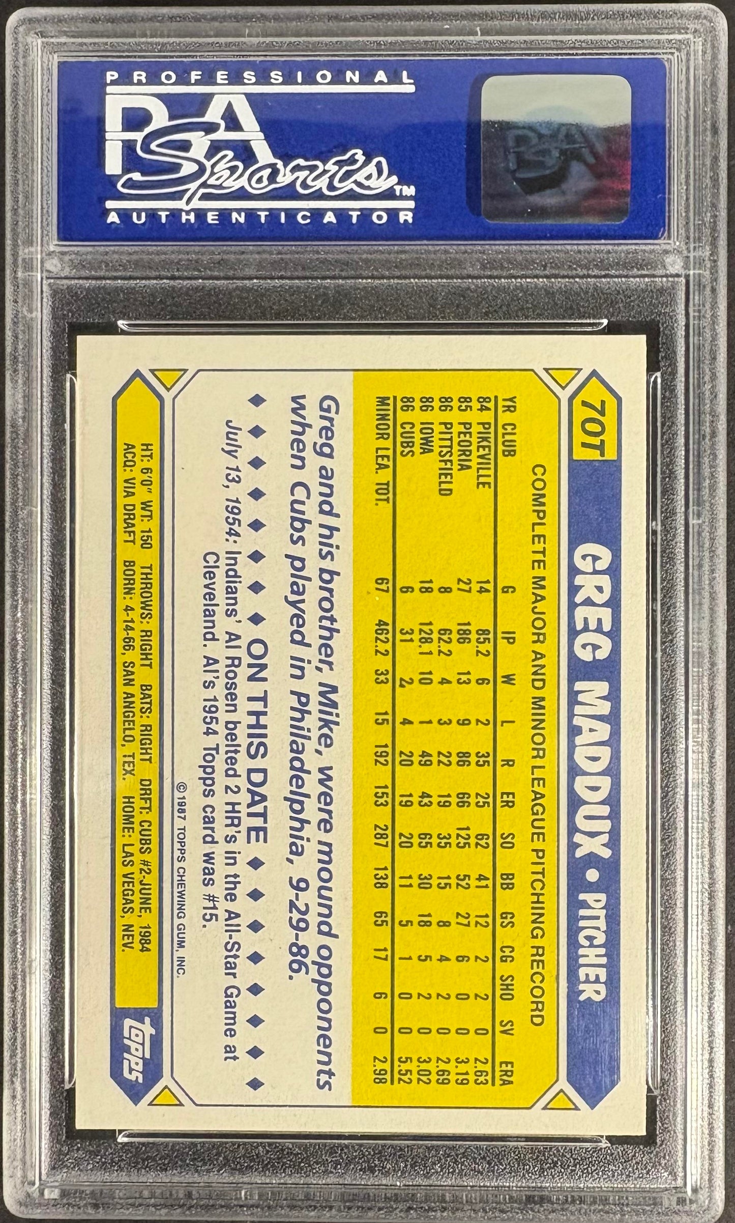 1987 Topps Traded TIFFANY #70T Greg Maddux RC Rookie PSA 9 MINT
