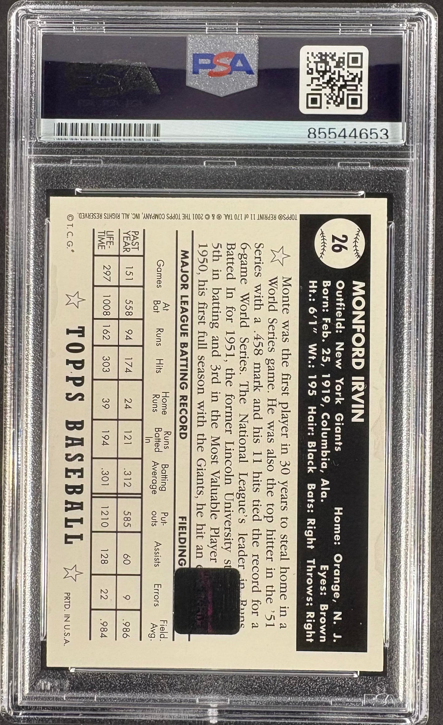 2001 Topps Archives 1952 Reprint Monte Irvin PSA Authentic AUTO Autograph
