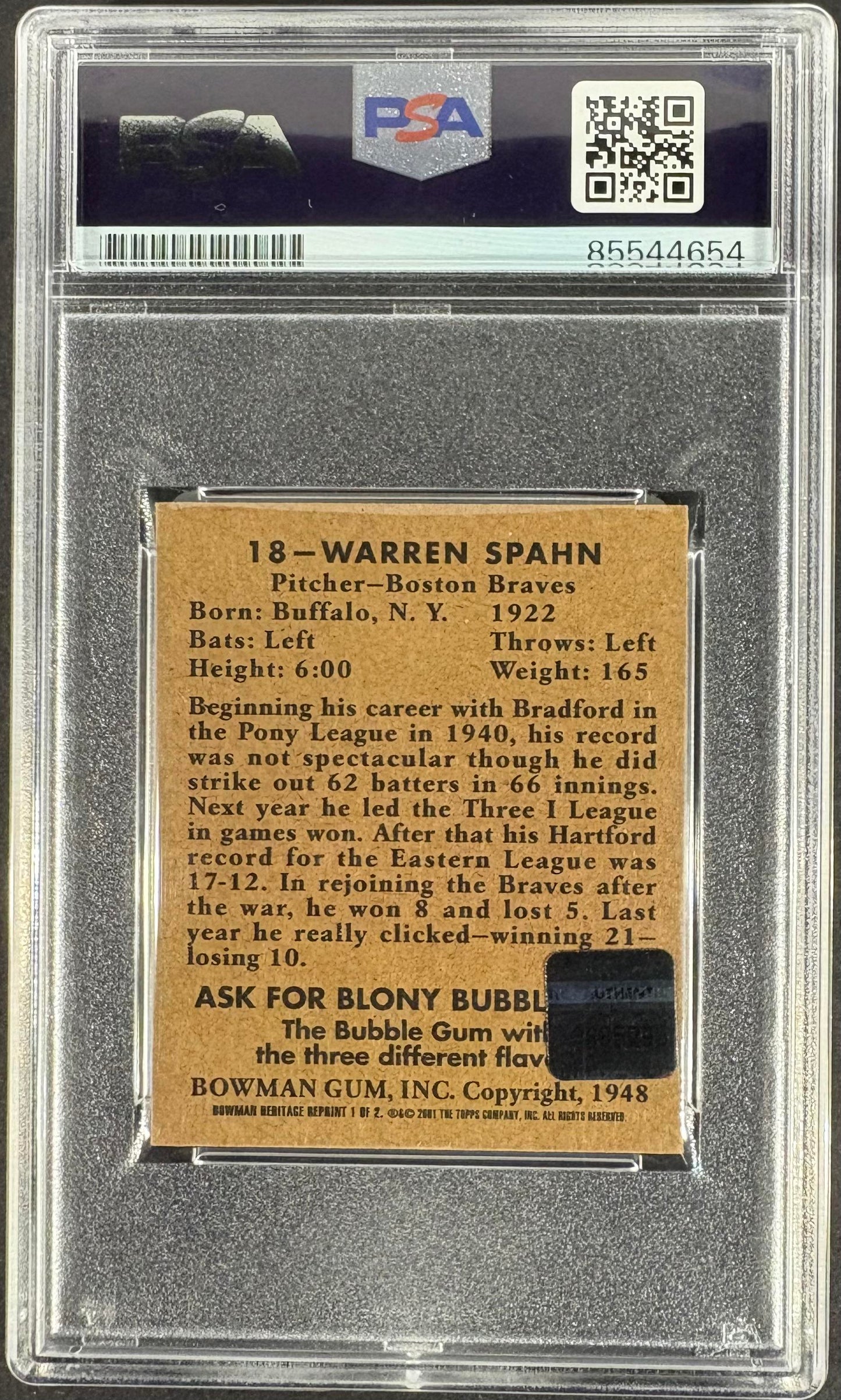 2001 Topps Heritage 1948 Bowman Reprint Warren Spahn PSA Auth AUTO Autograph