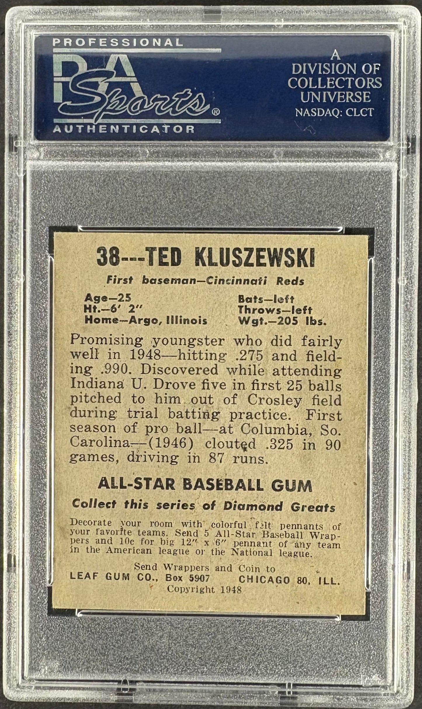 1948-49 Leaf #38 Ted Kluszewski RC Rookie PSA 7 NM Near Mint