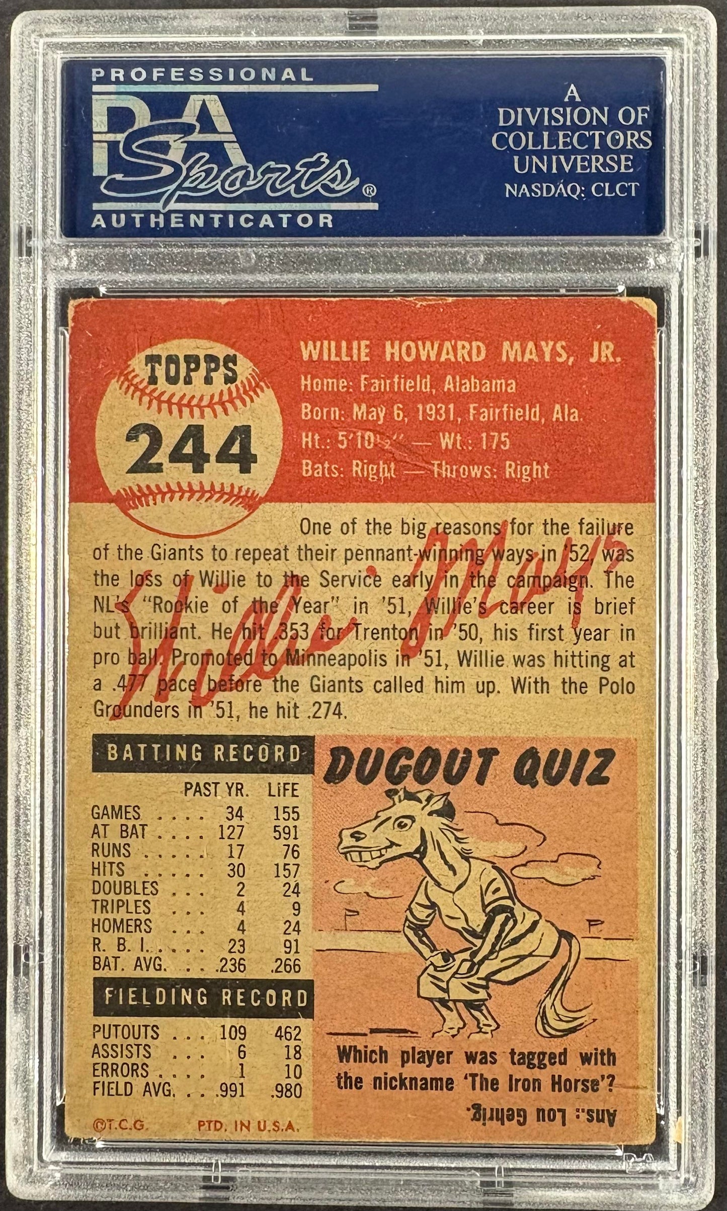1953 Topps #244 Willie Mays PSA 3 VG