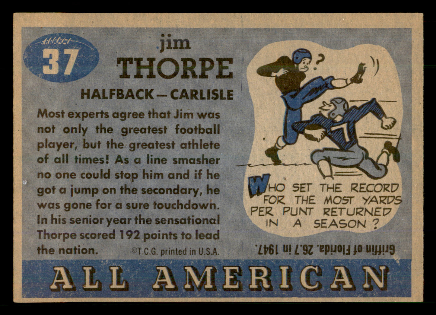 1955 Topps All-American #37 Jim Thorpe CREASE FREE