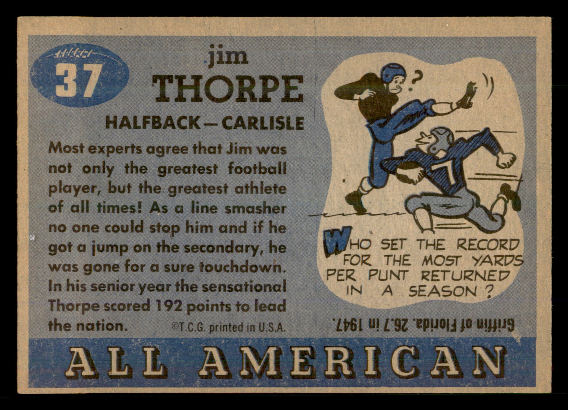 1955 Topps All-American #37 Jim Thorpe CREASE FREE
