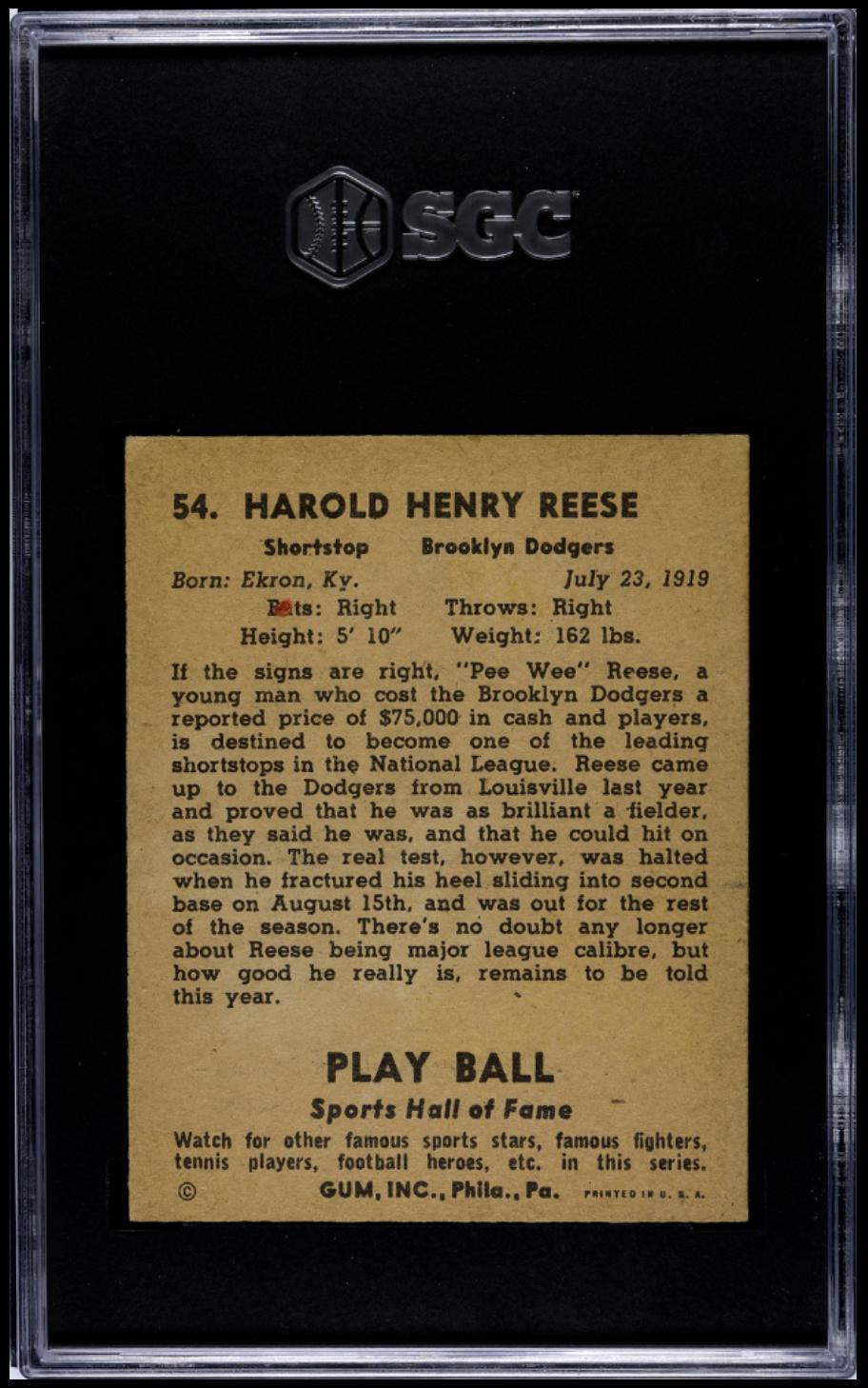 1941 Play Ball #54 Pee Wee Reese RC Rookie SGC 6 EX-NM High Grade