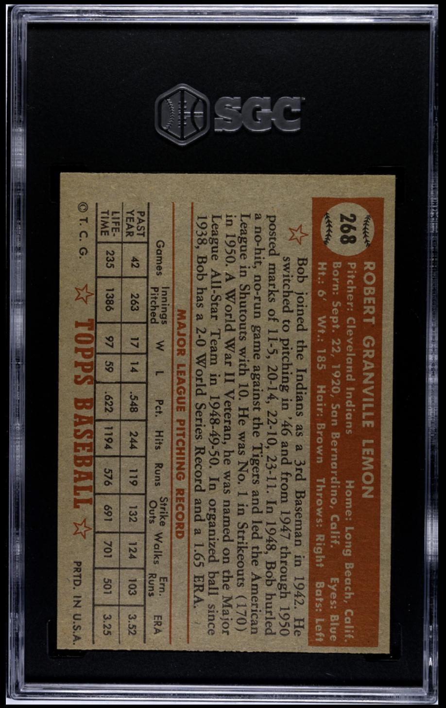 1952 Topps #268 Bob Lemon SGC 7.5 NM+ High Grade