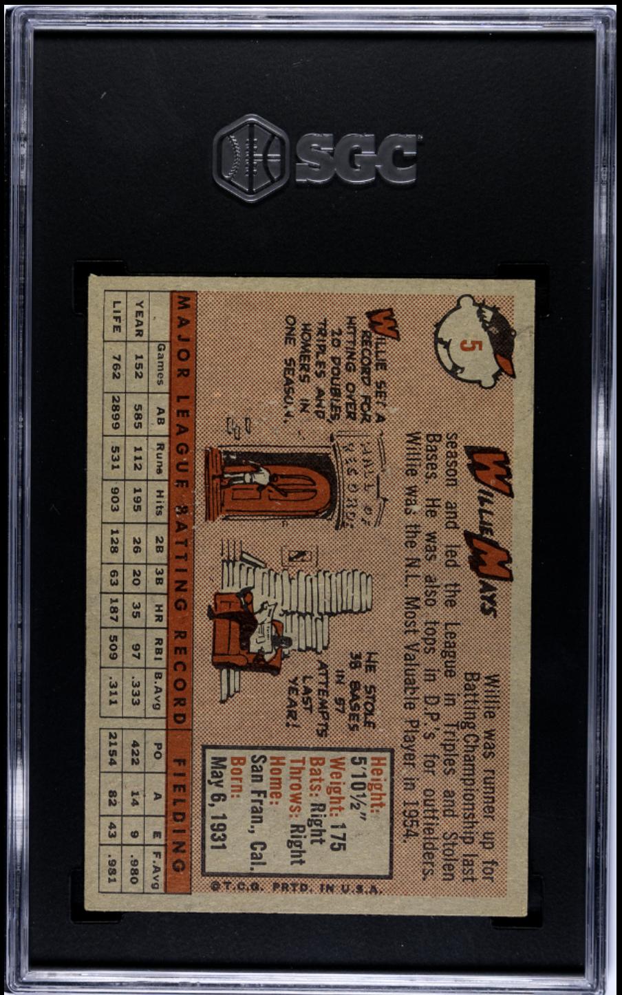 1958 Topps #5 Willie Mays SGC 5 EX Nice Color