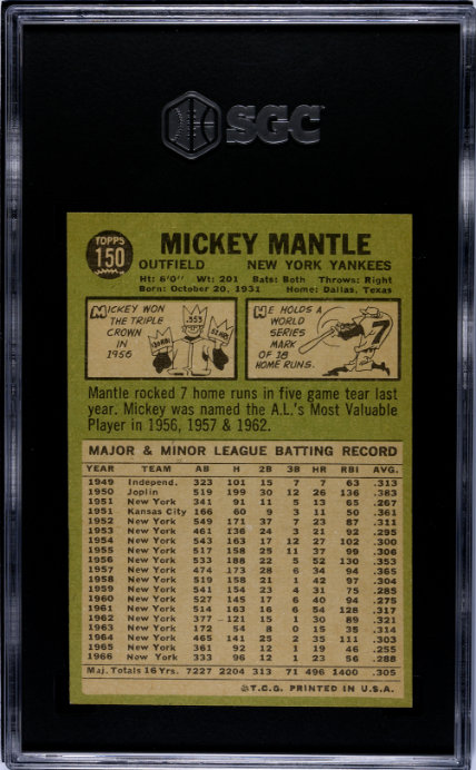 1967 Topps #150 Mickey Mantle SGC 5 EX Nice Color