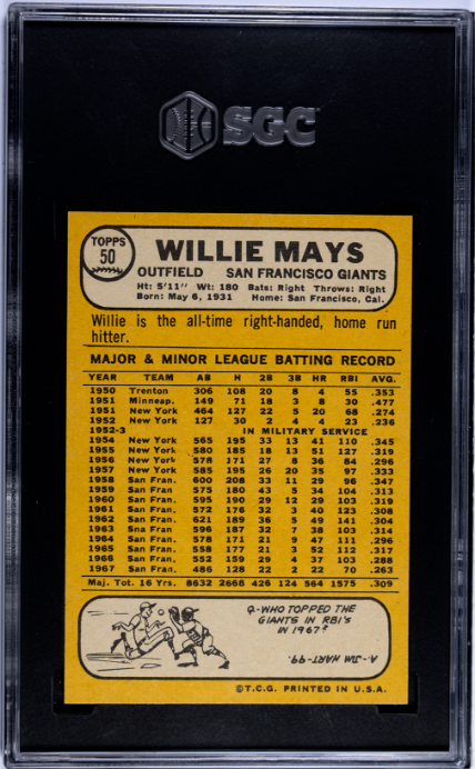 1968 Topps #50 Willie Mays SGC 8.5 NM-MT+ High Grade