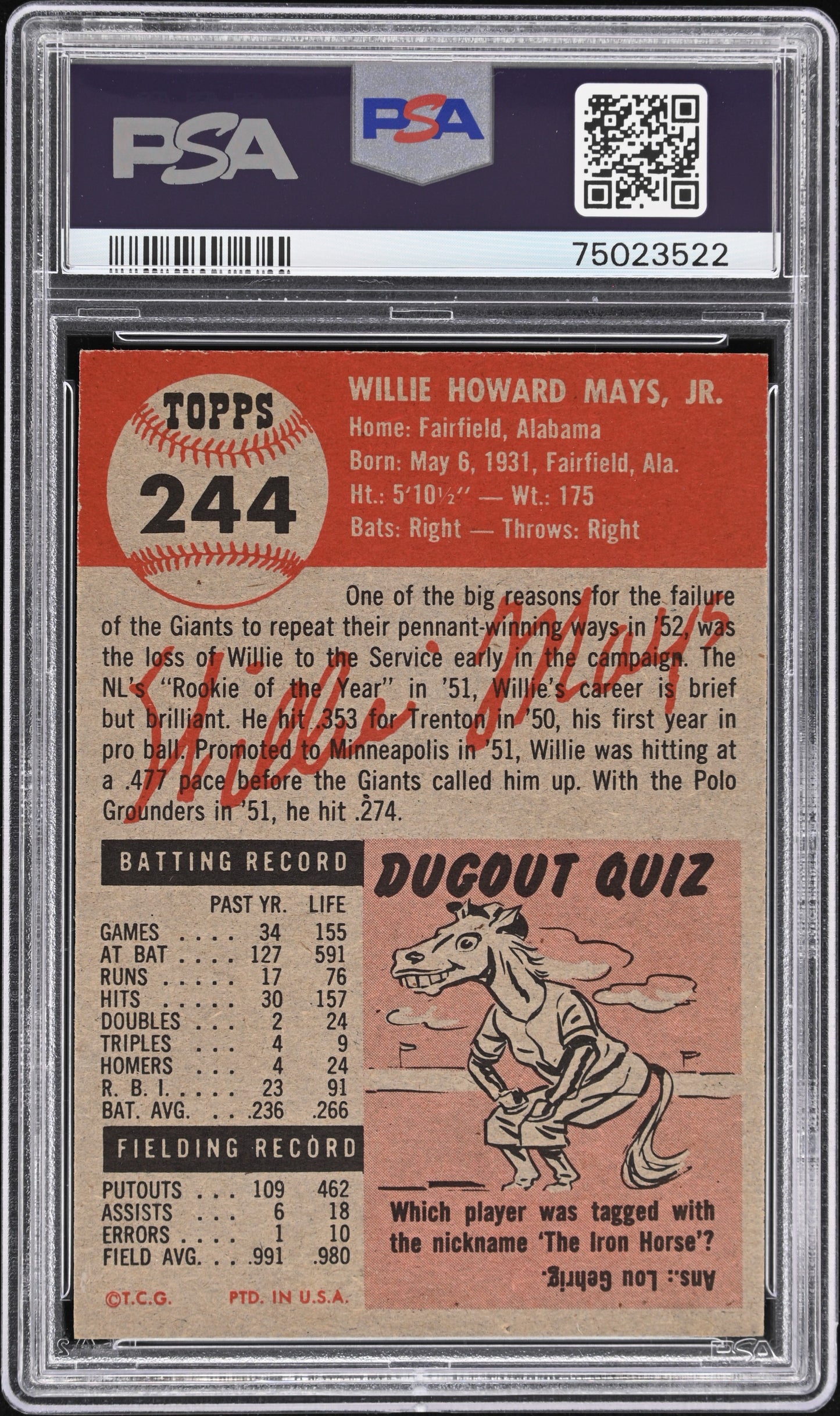 1953 Topps #244 Willie Mays PSA 6.5 EX-MT+ High Grade New Label