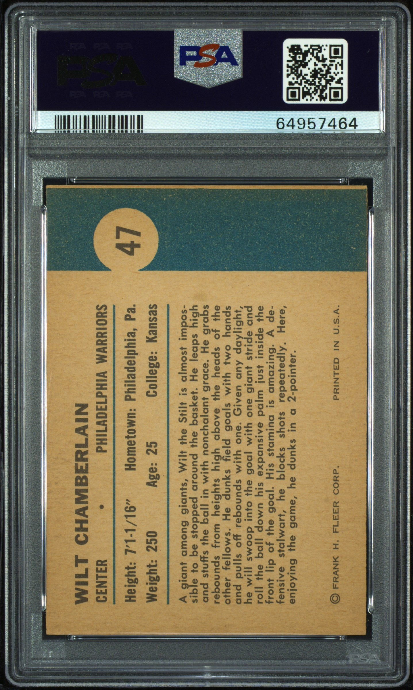 1961 Fleer #47 Wilt Chamberlain In Action PSA 6 EX-MT New Label