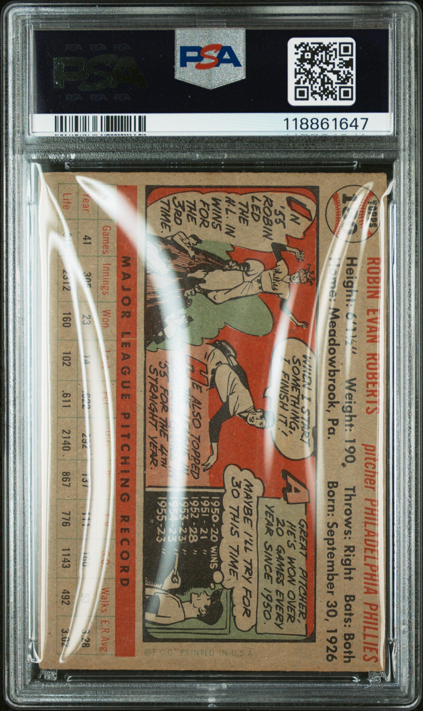 1956 Topps #180 Robin Roberts Gray Back PSA 4 / 10 AUTO Autograph