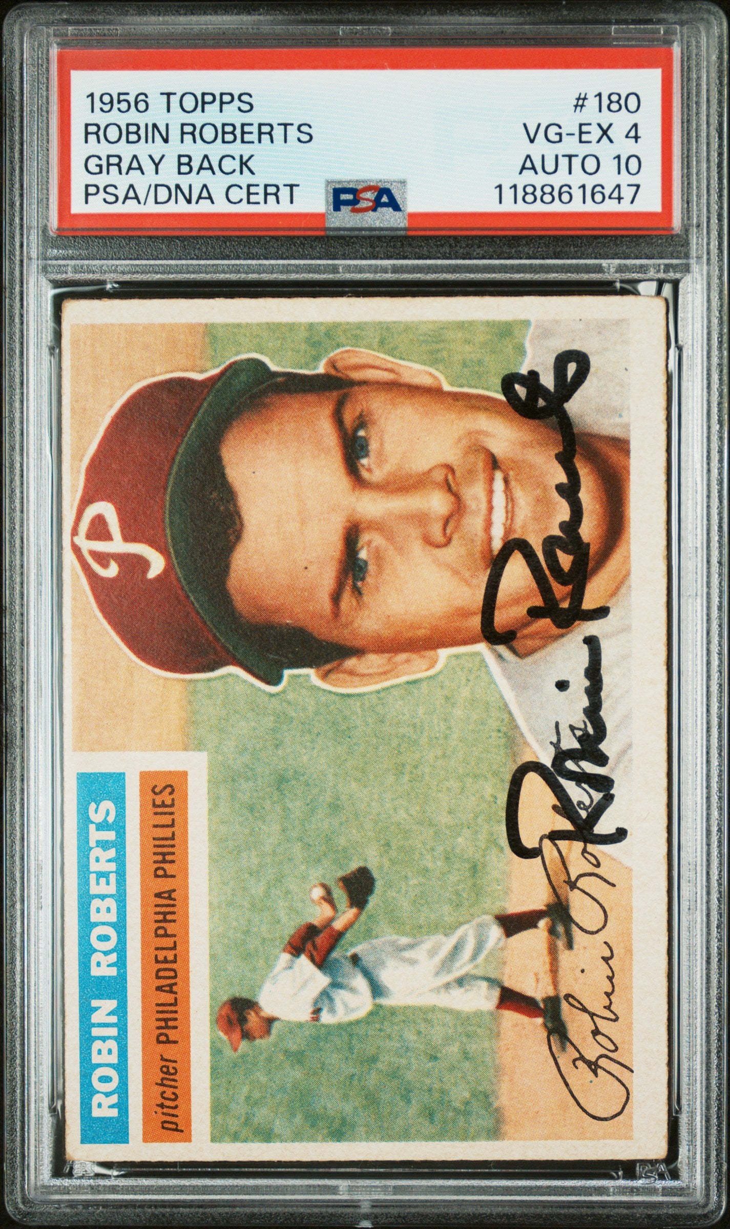 1956 Topps #180 Robin Roberts Gray Back PSA 4 / 10 AUTO Autograph