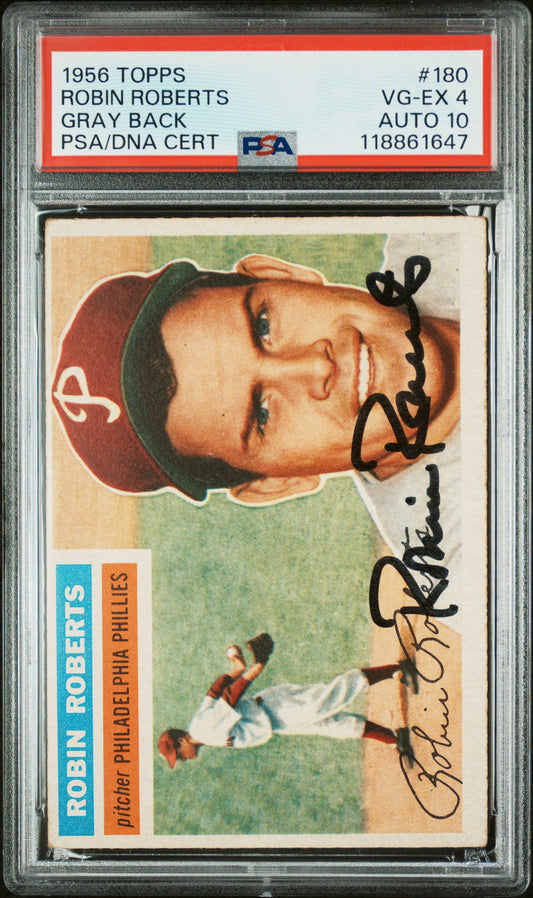1956 Topps #180 Robin Roberts Gray Back PSA 4 / 10 AUTO Autograph