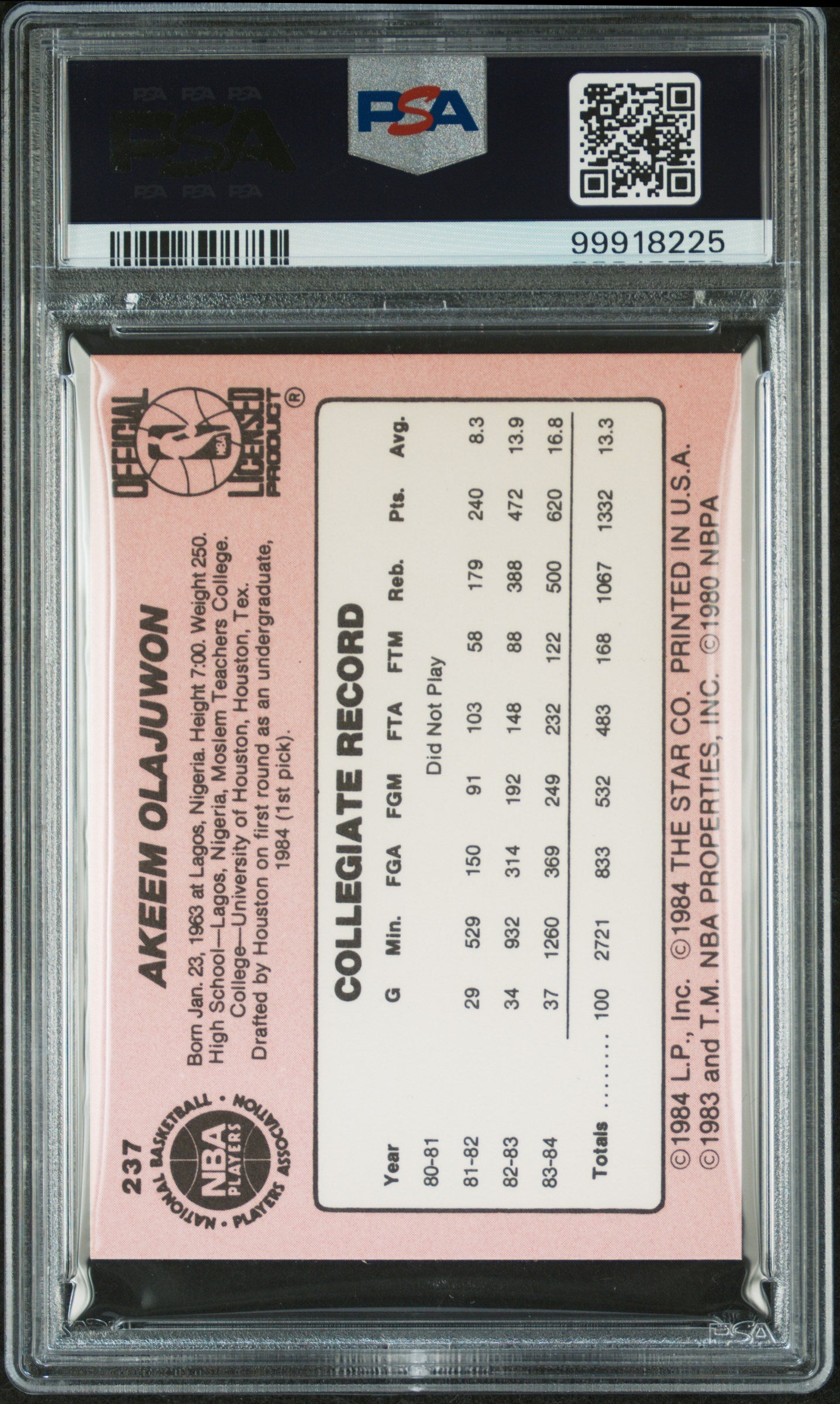 1984 Star #237 Akeem Hakeem Olajuwon RC Rookie PSA 7 NM Near Mint New Label