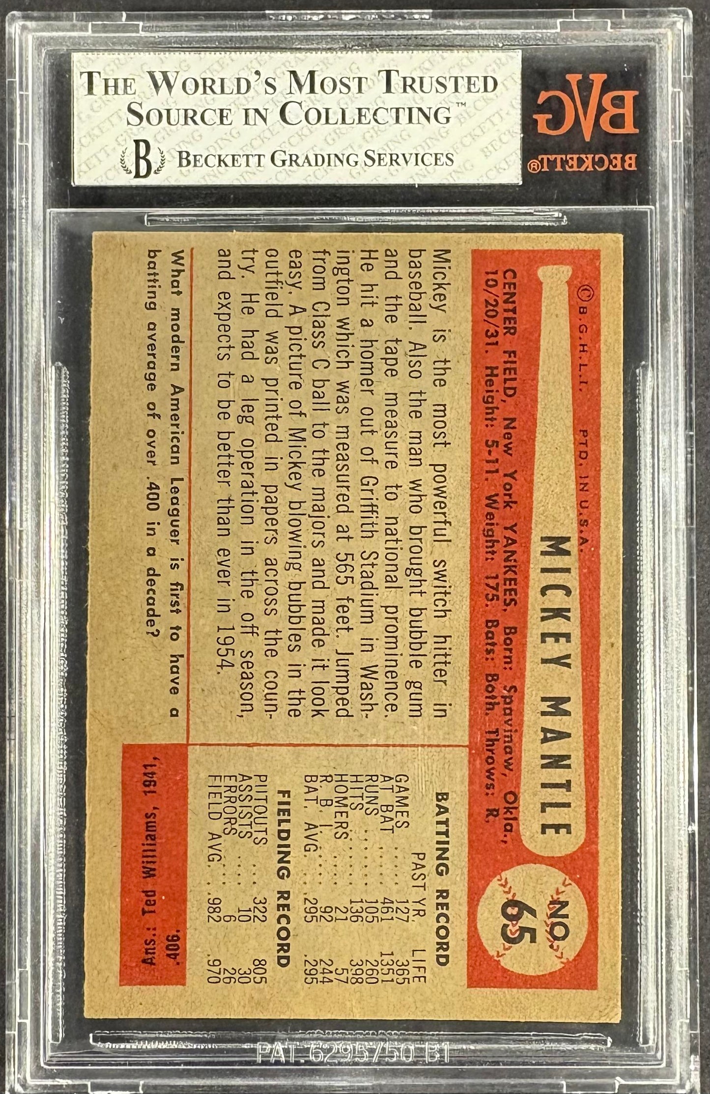 1954 Bowman #65 Mickey Mantle BVG 6 EX-MT