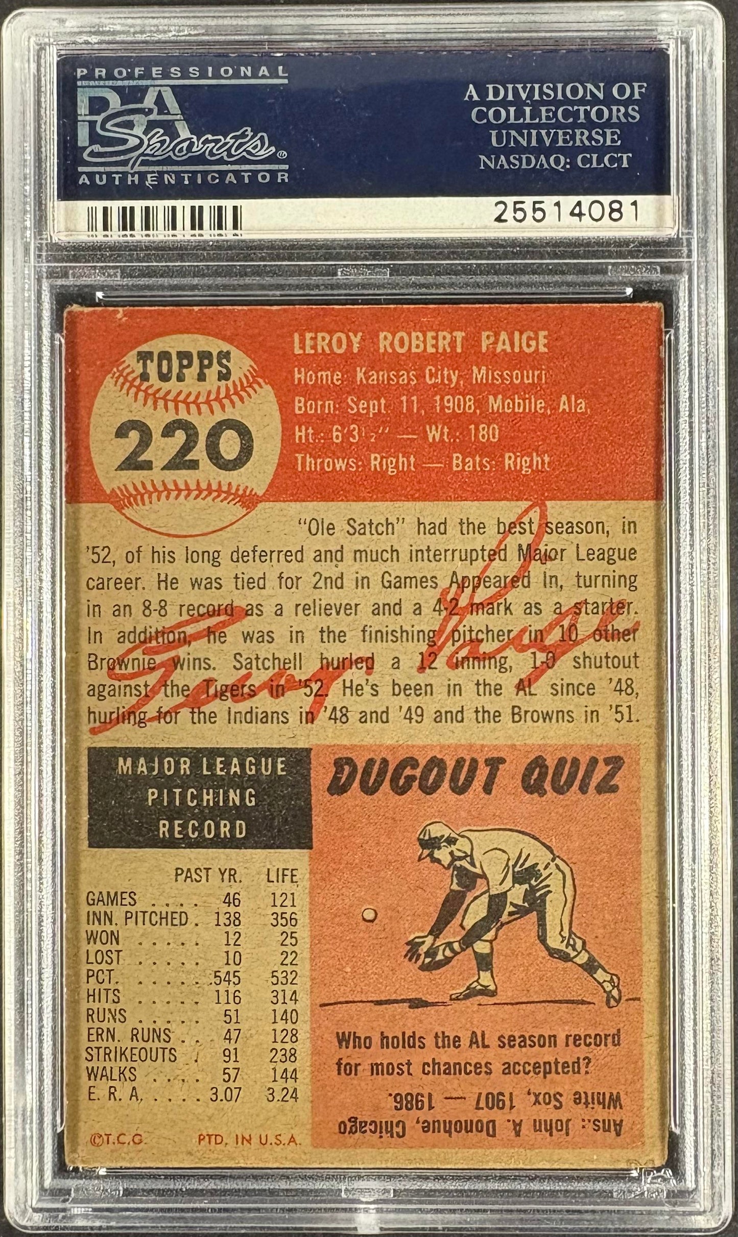 1953 Topps #220 Satchell Satchel Paige PSA 3.5 VG+ Well Centered