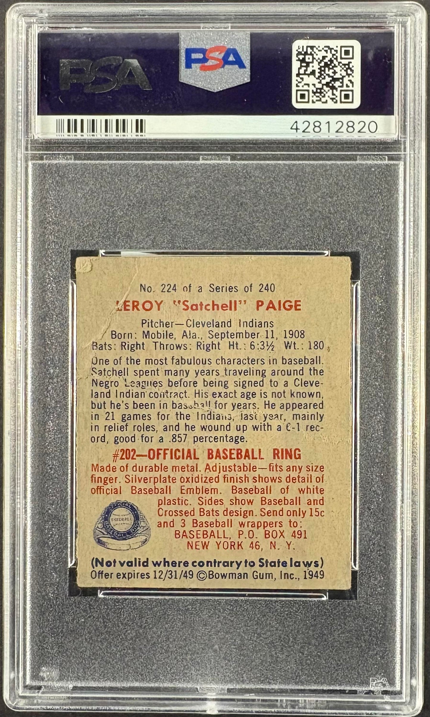 1949 Bowman #224 Leroy Satchel Paige RC Rookie PSA 1 Nice Color New Label