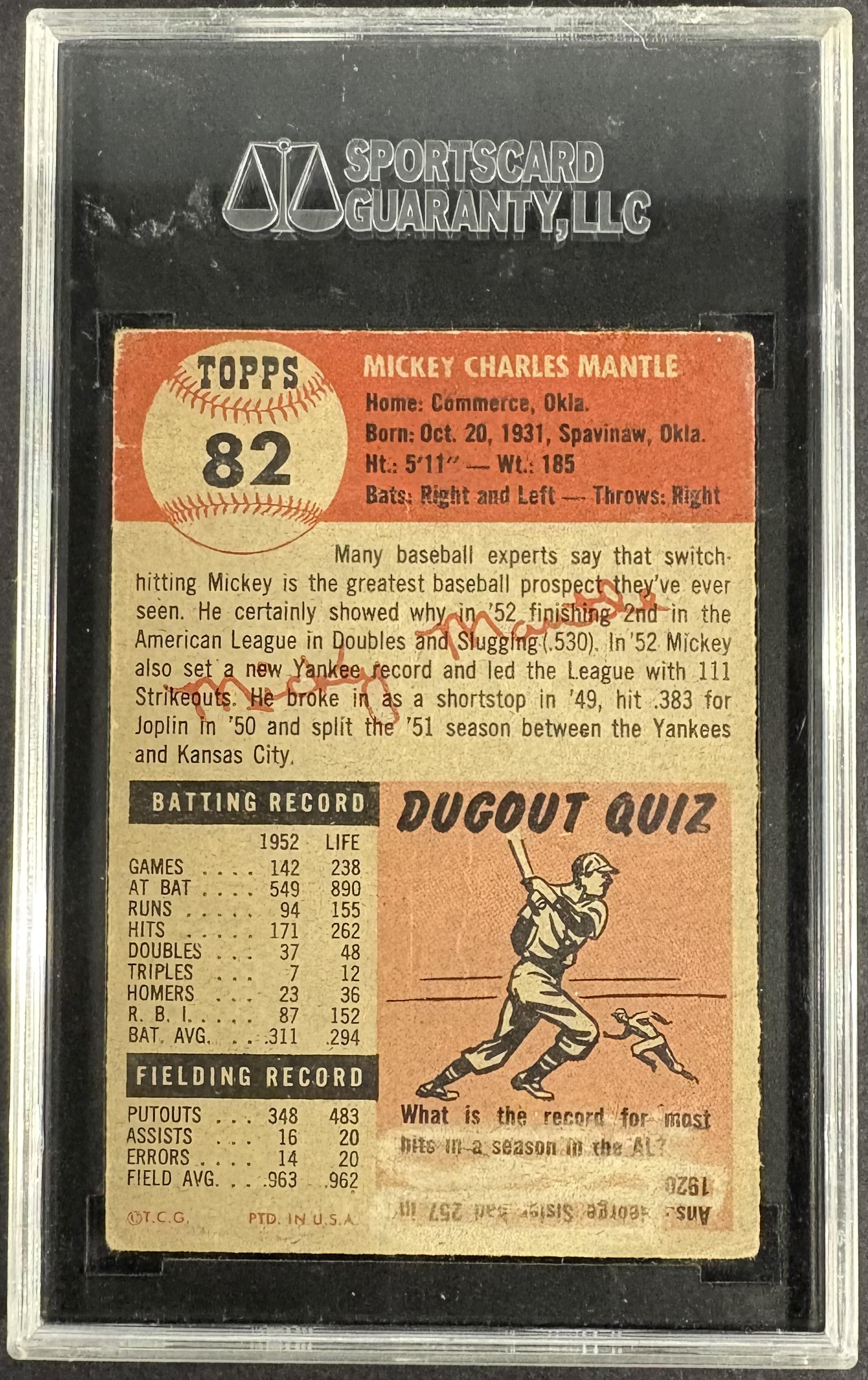 1953 Topps #82 Mickey Mantle SGC 1.5 Well Centered Nice Eye Appeal