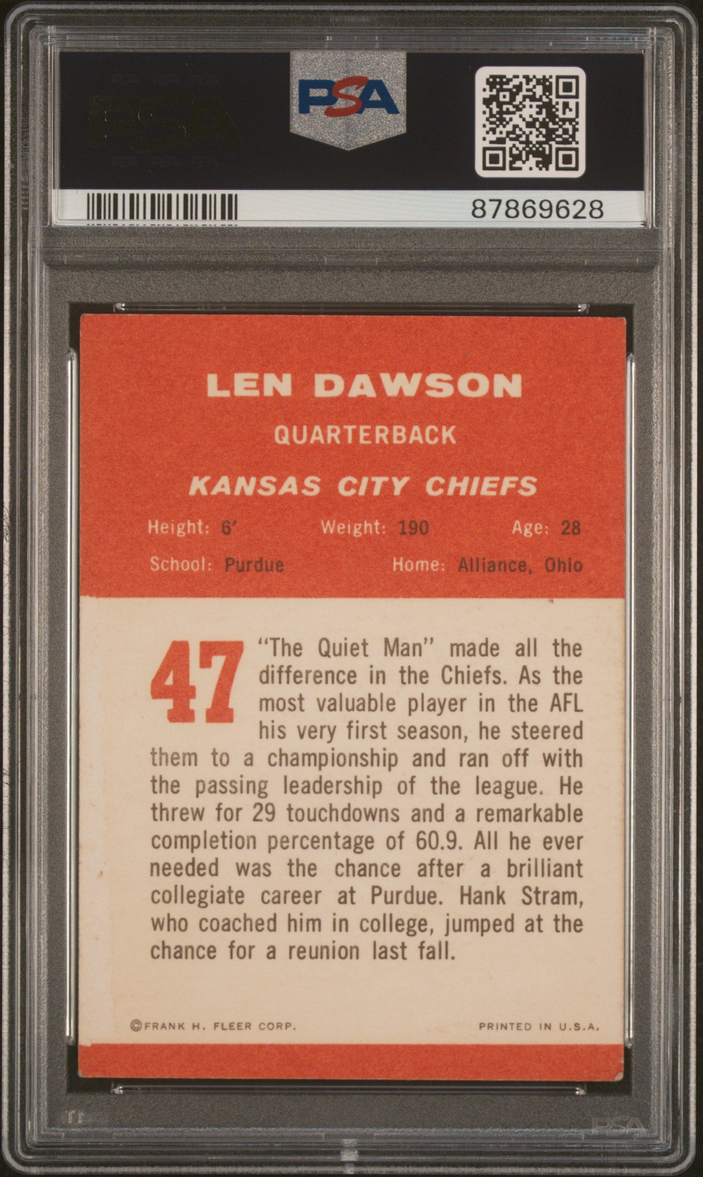 1963 Fleer #47 Len Dawson RC Rookie PSA 3.5 VG+ New Label