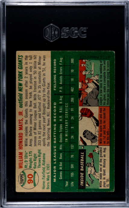 1954 Topps #90 Willie Mays SGC 2.5 GD+ Nice Color