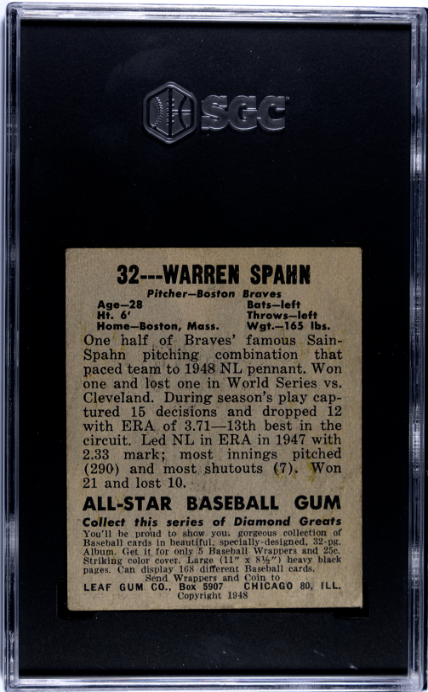 1948-49 Leaf Gum Co. #32 Warren Spahn RC Rookie SGC 2.5 GD+ Nice Color