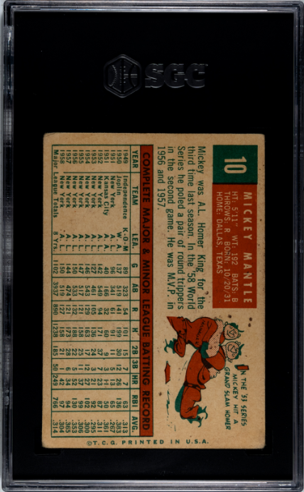 1959 Topps #10 Mickey Mantle SGC 2.5 GD+ Well Centered