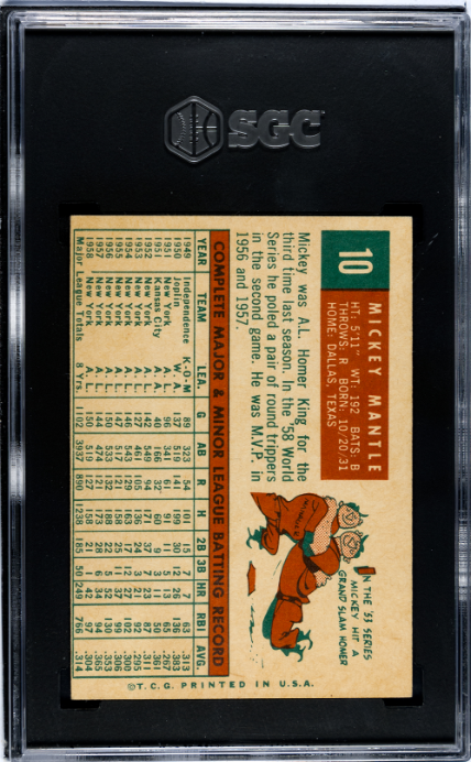 1959 Topps #10 Mickey Mantle SGC 2.5 CREASE FREE + SHARP