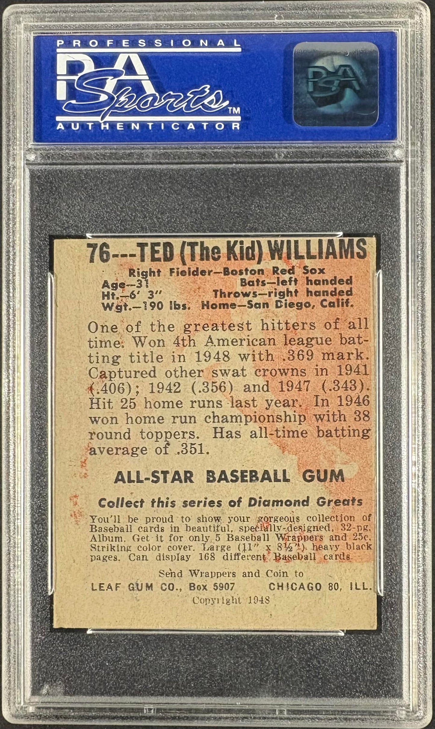 1948-49 Leaf #76 Ted Williams PSA 3 mc Nice Color