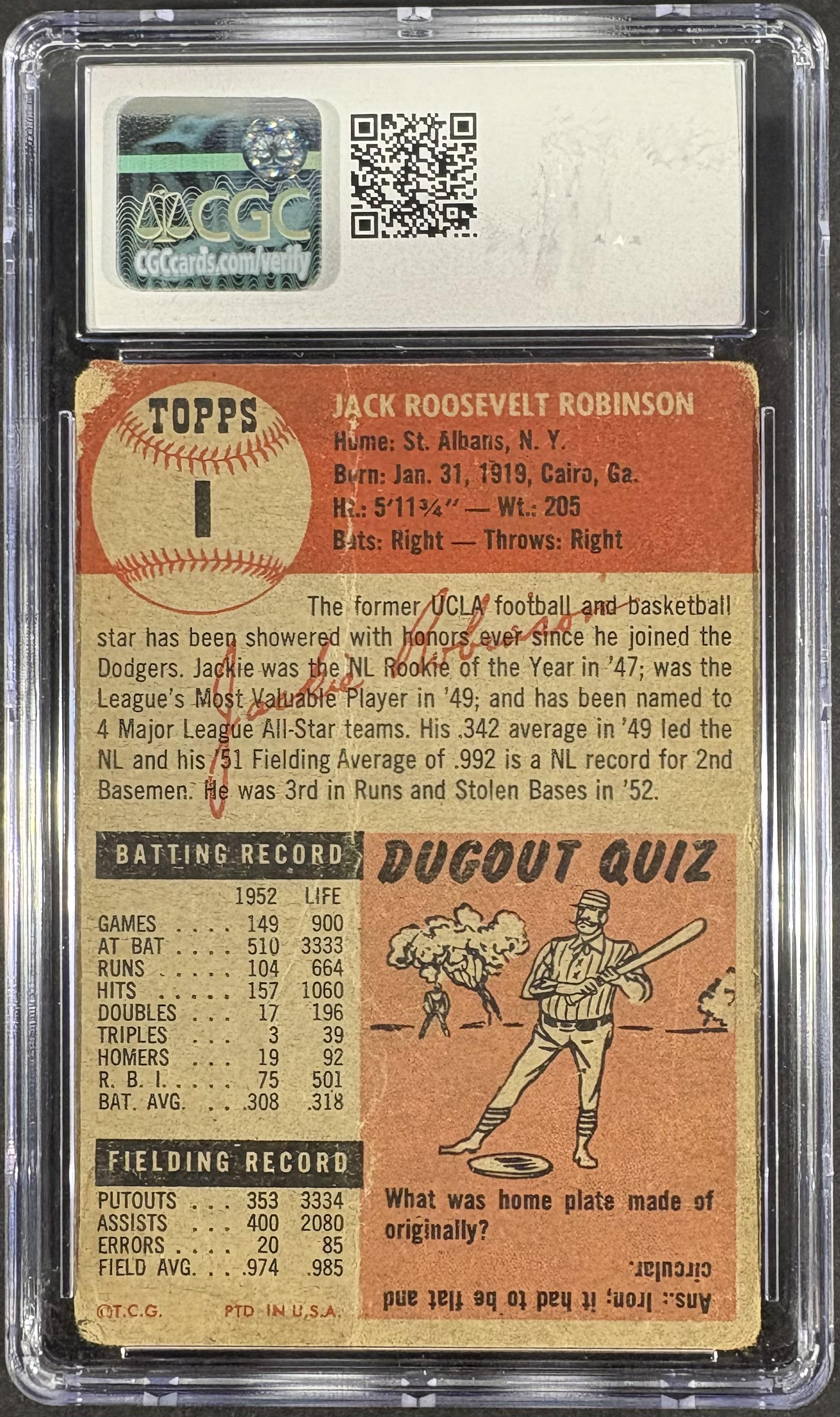 1953 Topps #1 Jackie Robinson CGC Authentic Well Centered
