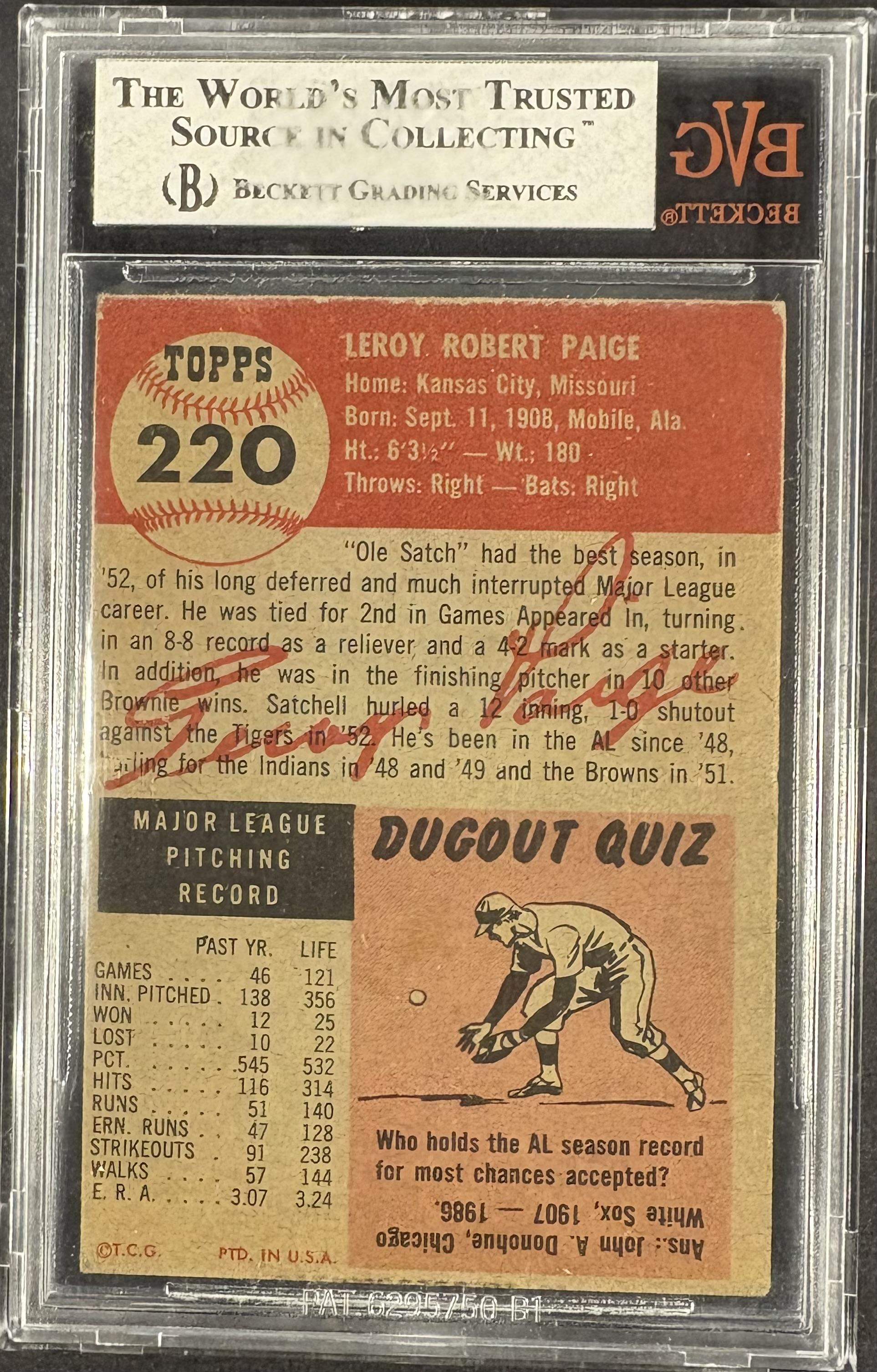 1953 Topps #220 Satchell Satchel Paige BVG 3 VG Sharp + Nice Color