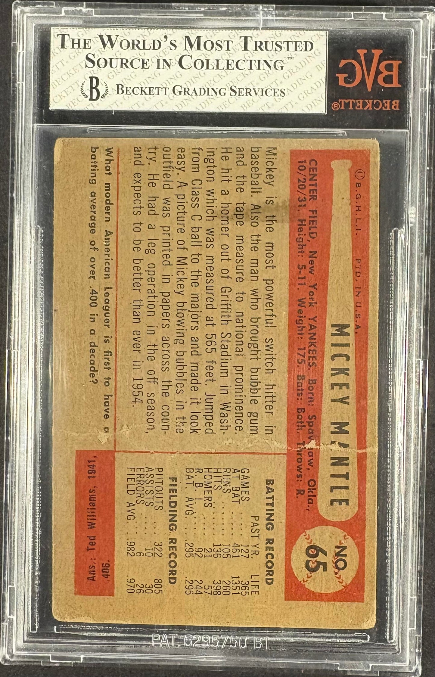 1954 Bowman #65 Mickey Mantle BVG 1