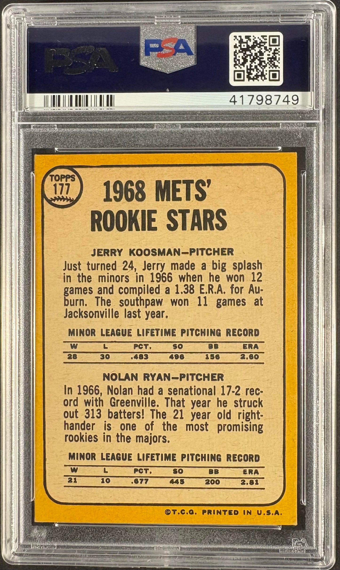 1968 Topps #177 Nolan Ryan RC Rookie PSA 6.5 EX-MT+ Well Centered New Label