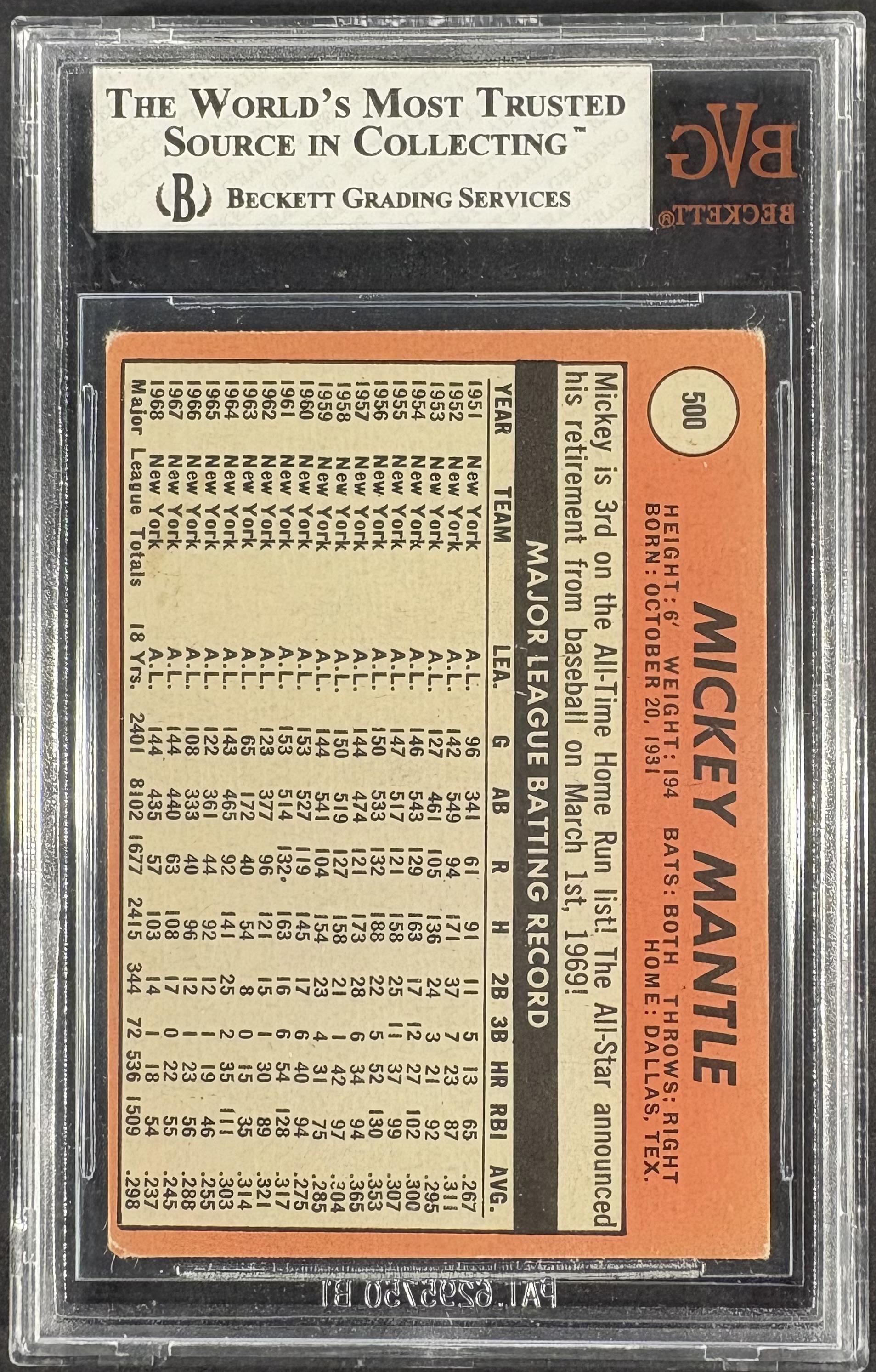 1969 Topps #500 Mickey Mantle BVG 3.5 VG+