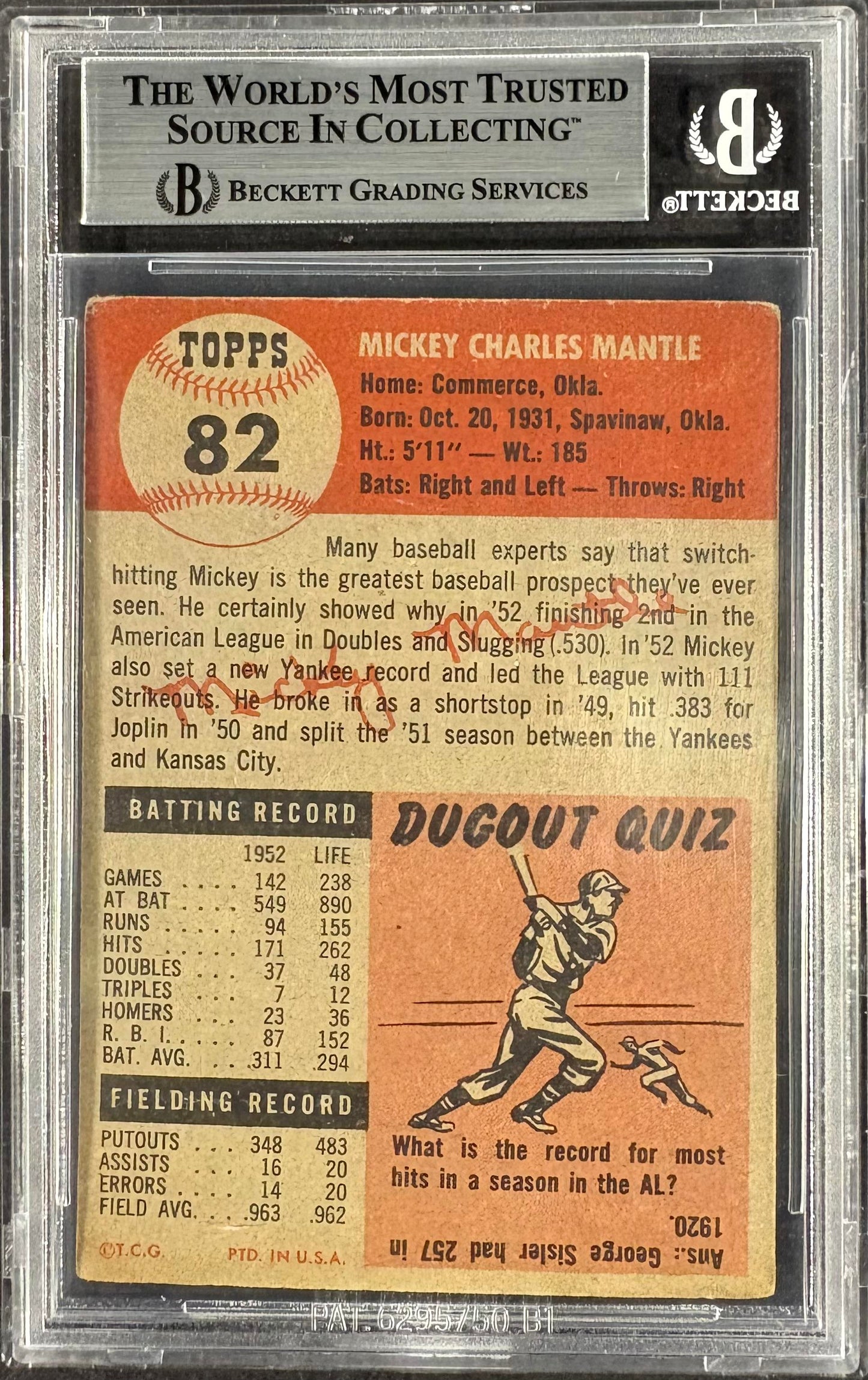 1953 Topps #82 Mickey Mantle BGS 2.5 GD+ Well Centered