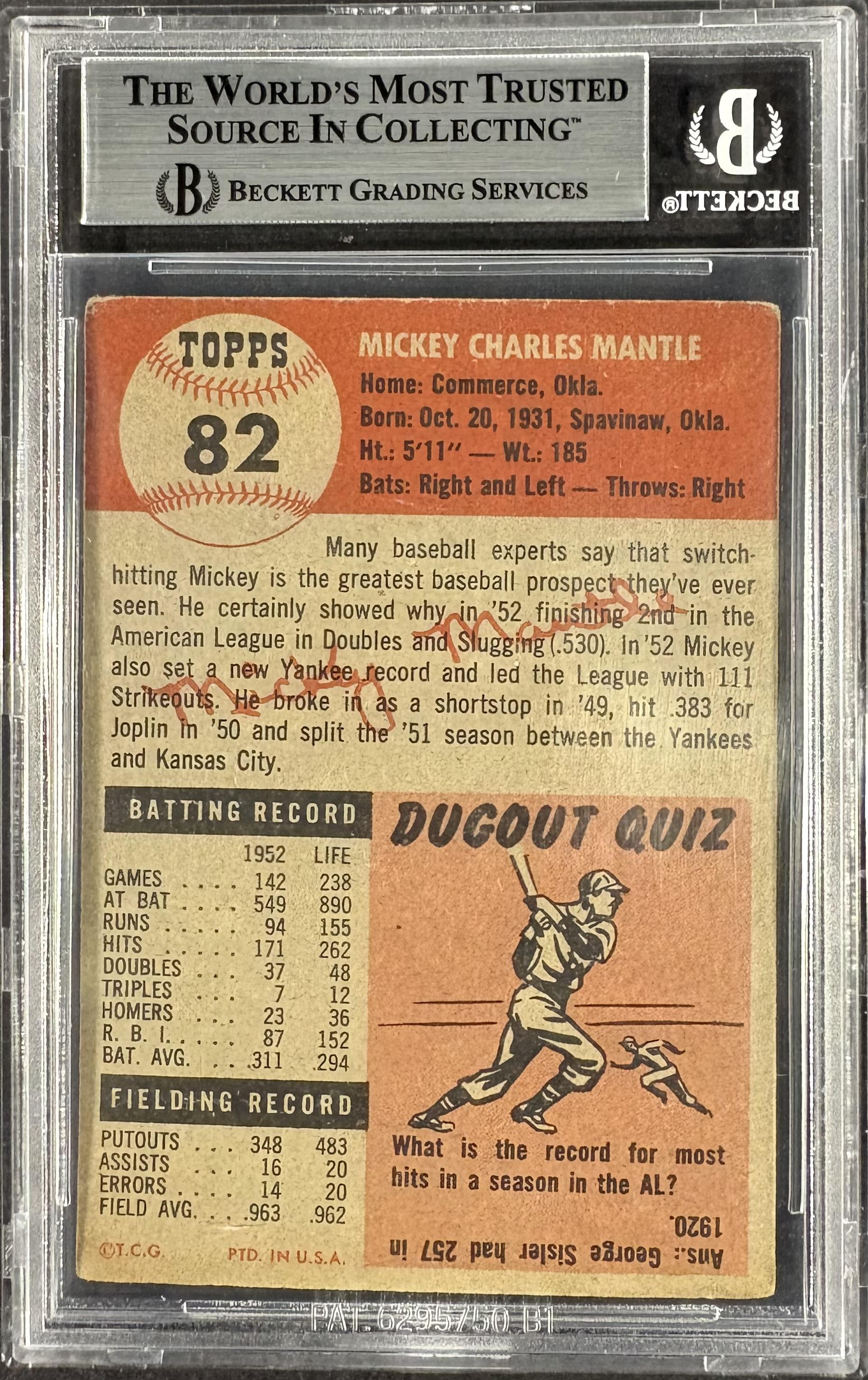 1953 Topps #82 Mickey Mantle BGS 2.5 GD+ Well Centered