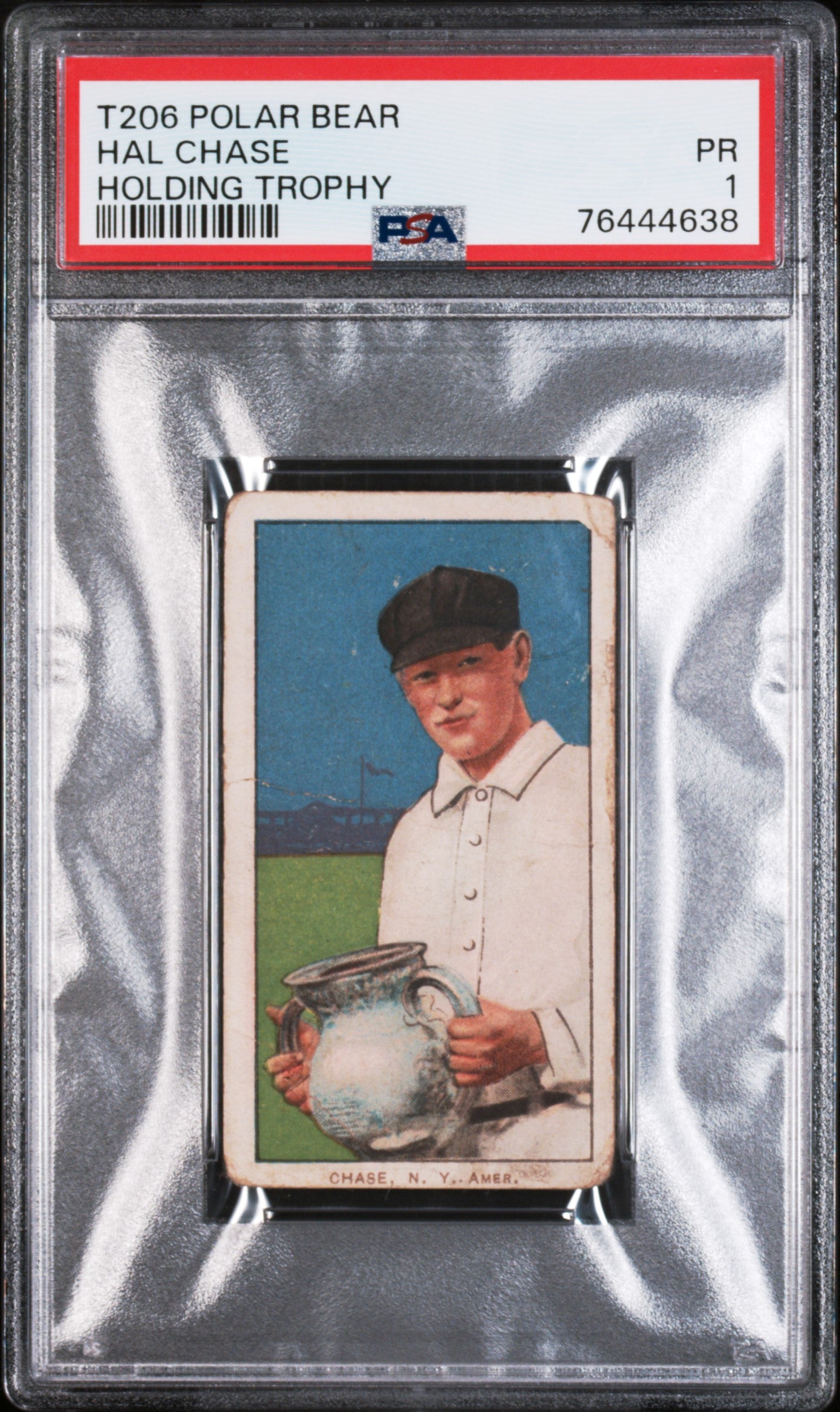 1909-11 T206 Polar Bear Hal Chase Holding Trophy PSA 1 New Label