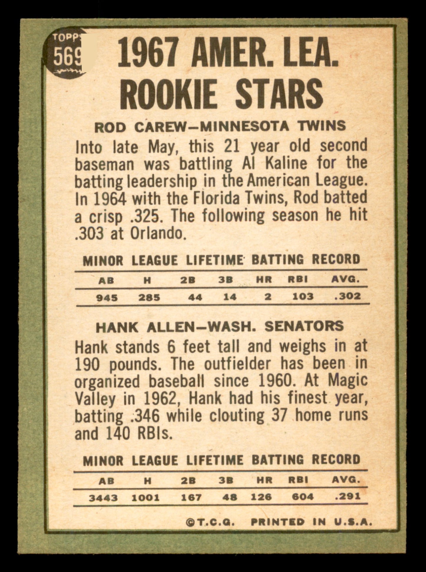 1967 Topps #569 Rod Carew RC Rookie CREASE FREE