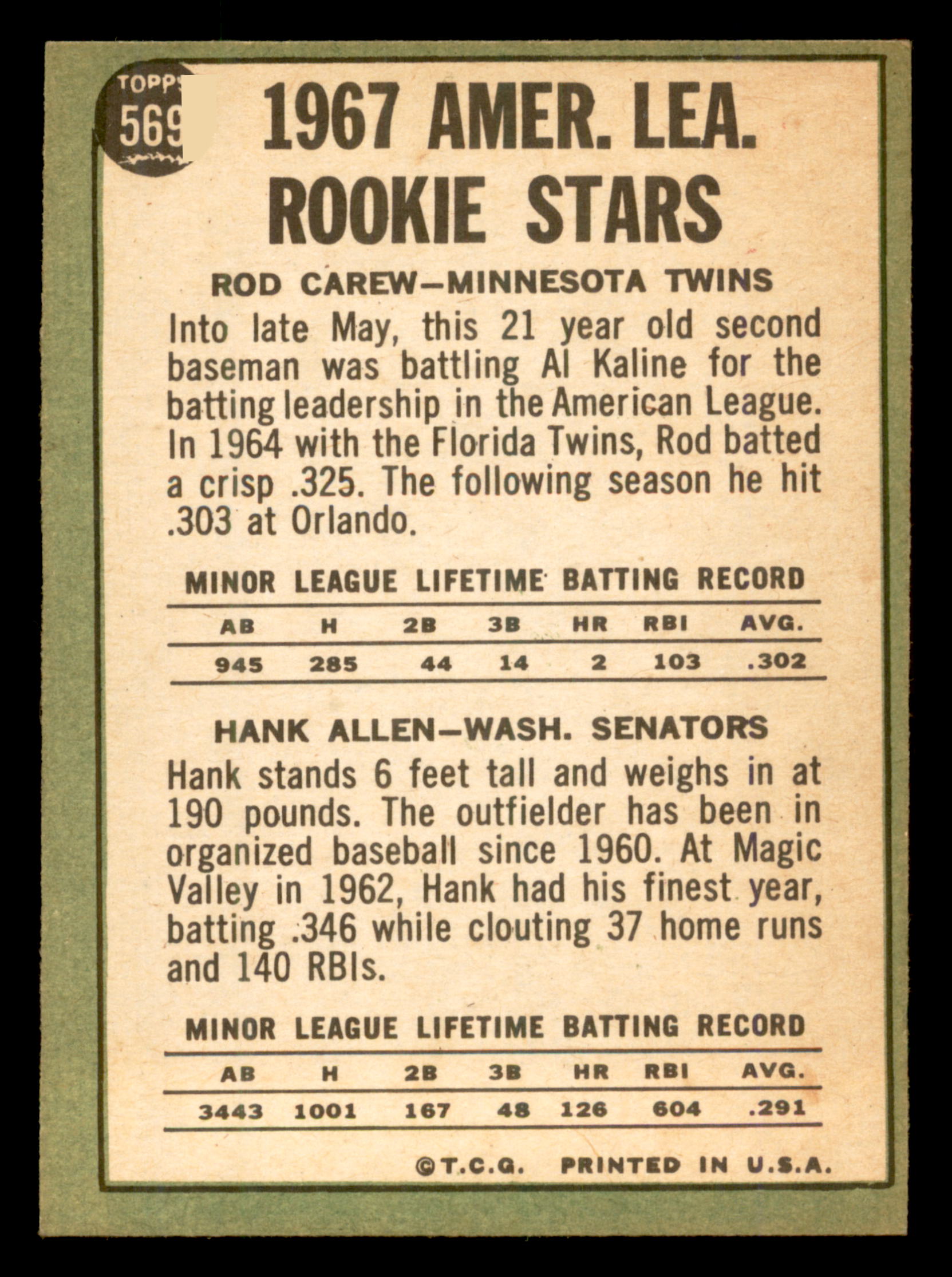 1967 Topps #569 Rod Carew RC Rookie CREASE FREE