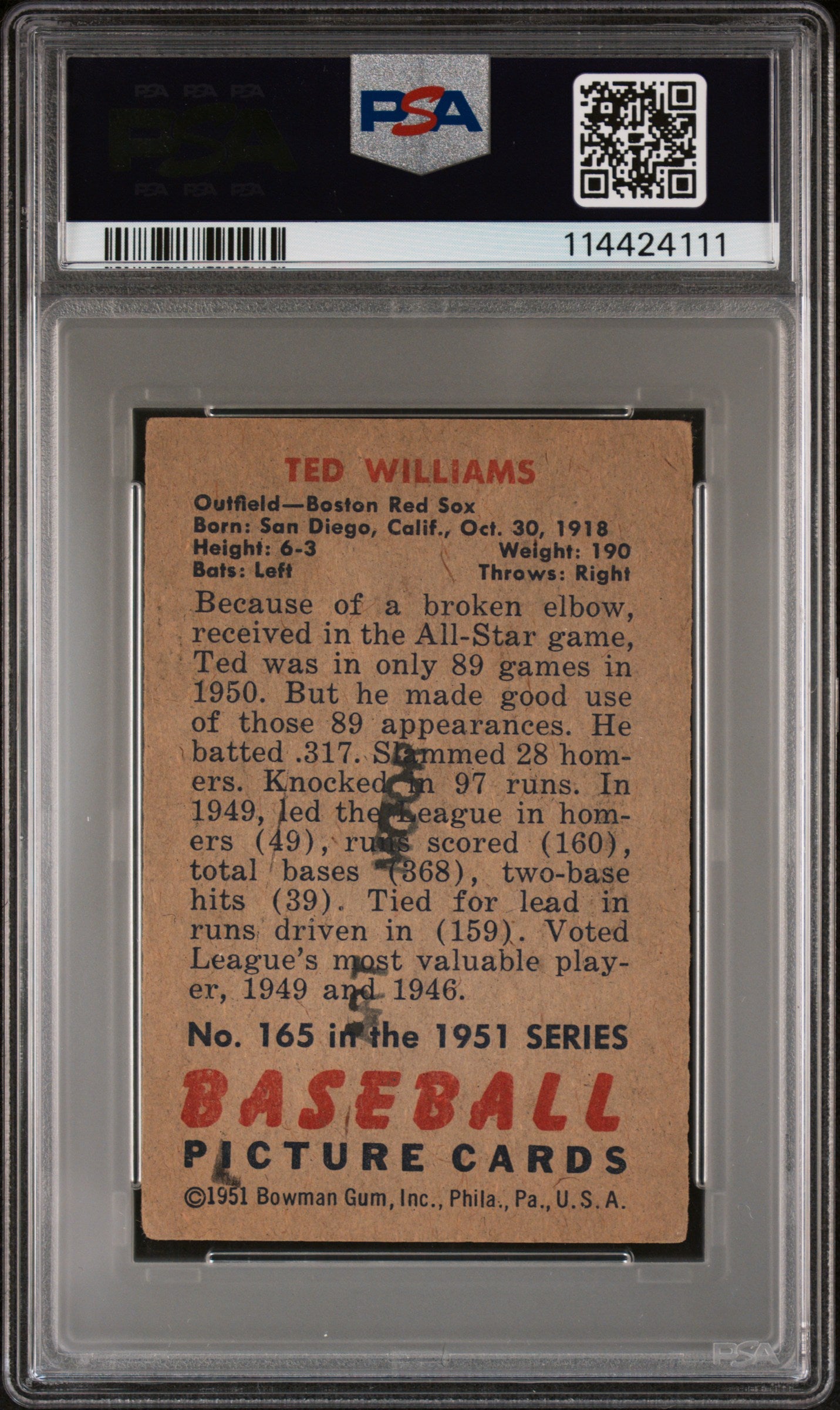 1951 Bowman #165 Ted Williams PSA 3 mk New Label