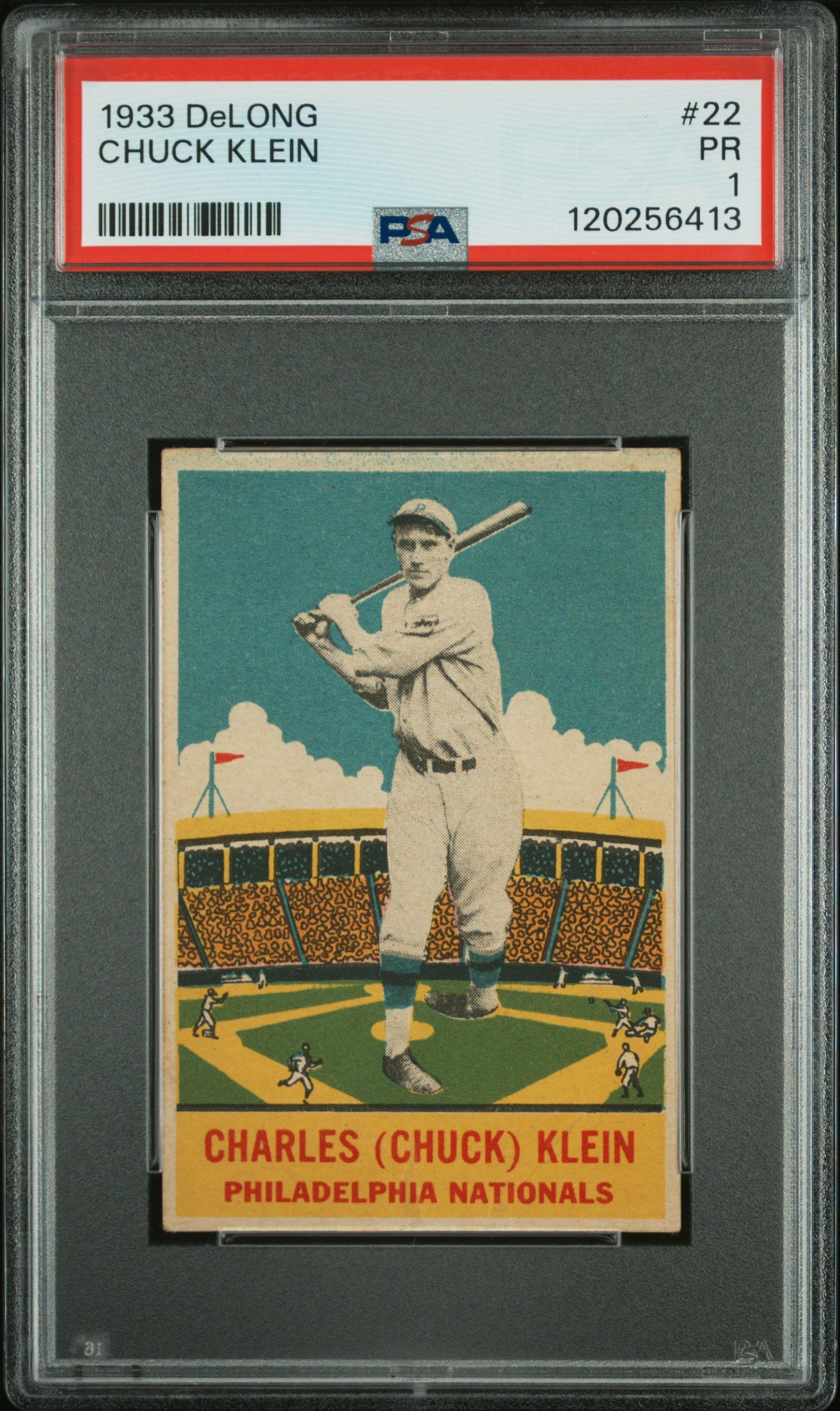 1933 Delong #22 Chuck Klein PSA 1 Nice Eye Appeal New Label