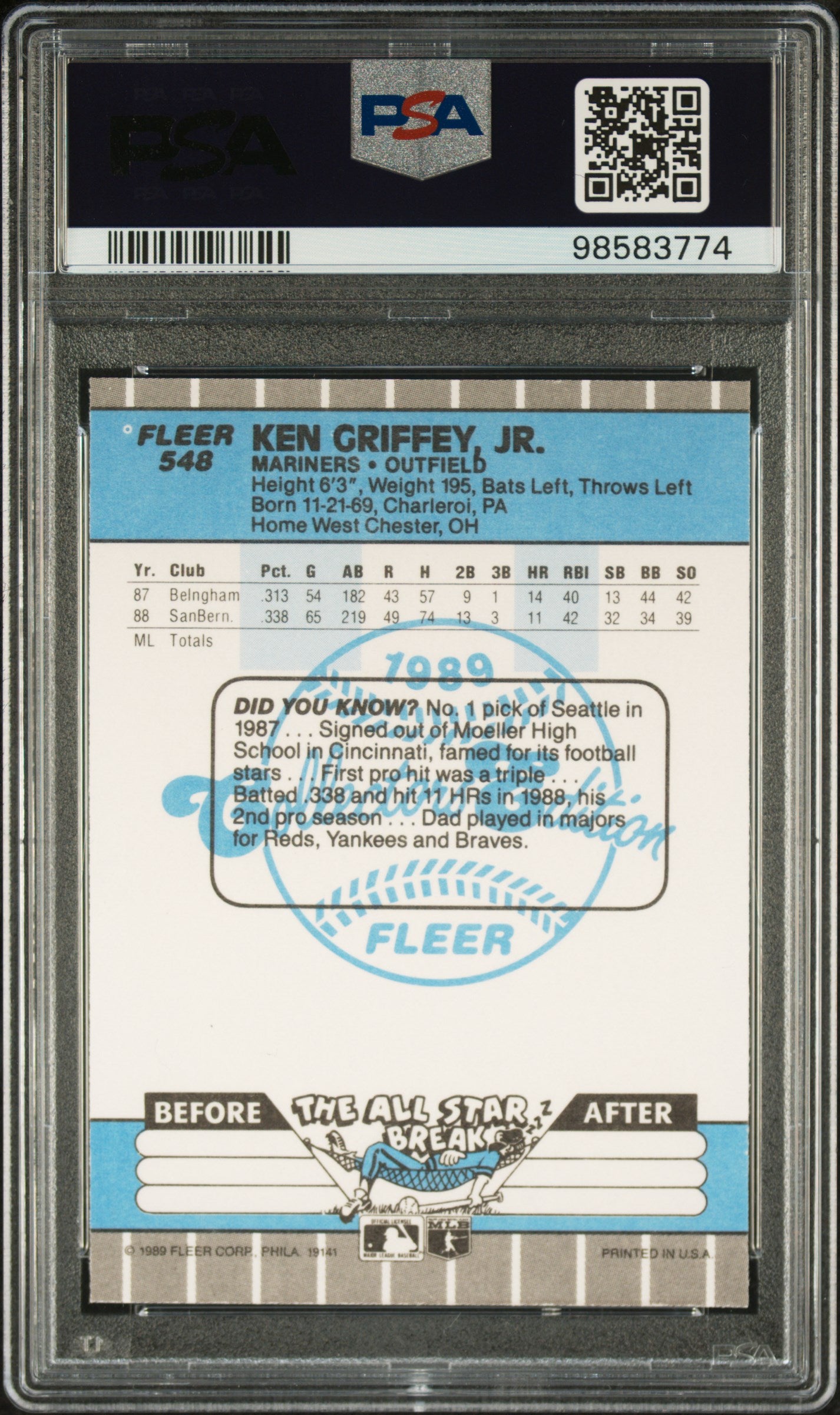 1989 Fleer Glossy #548 Ken Griffey Jr. RC Rookie PSA 8 New Label