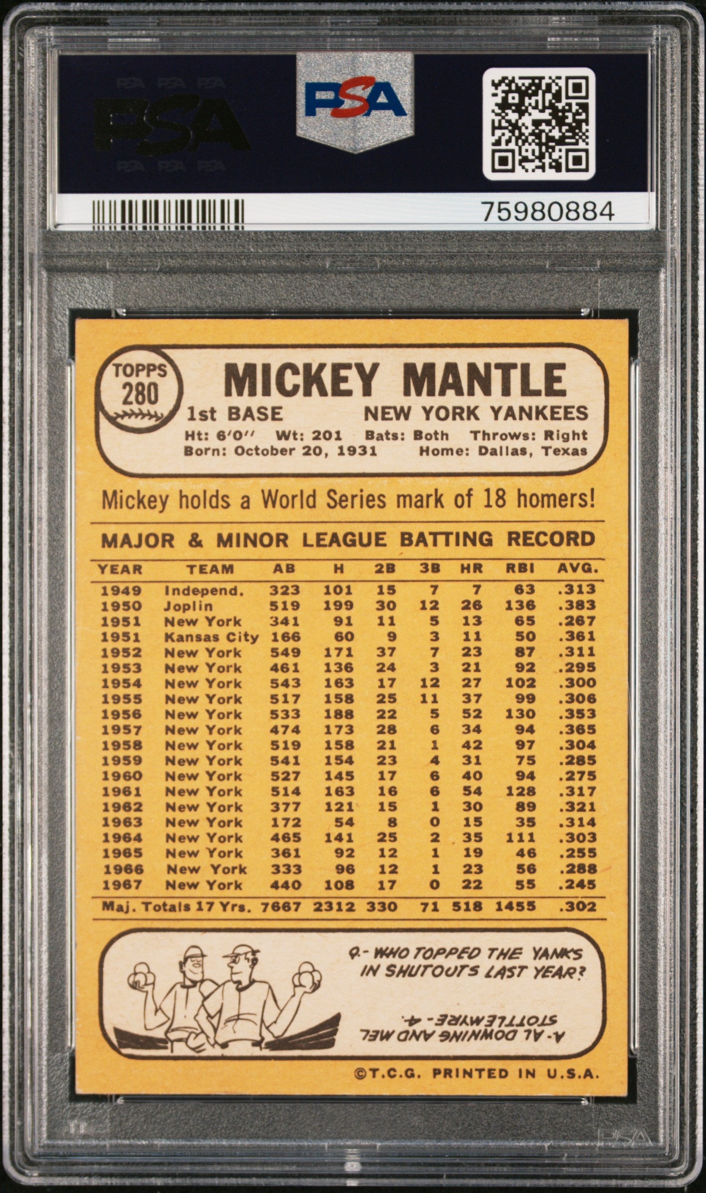 1968 Topps #280 Mickey Mantle PSA 6 EX-MT New Label