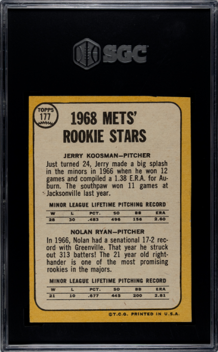 1968 Topps #177 Nolan Ryan RC Rookie SGC Authentic CREASE FREE